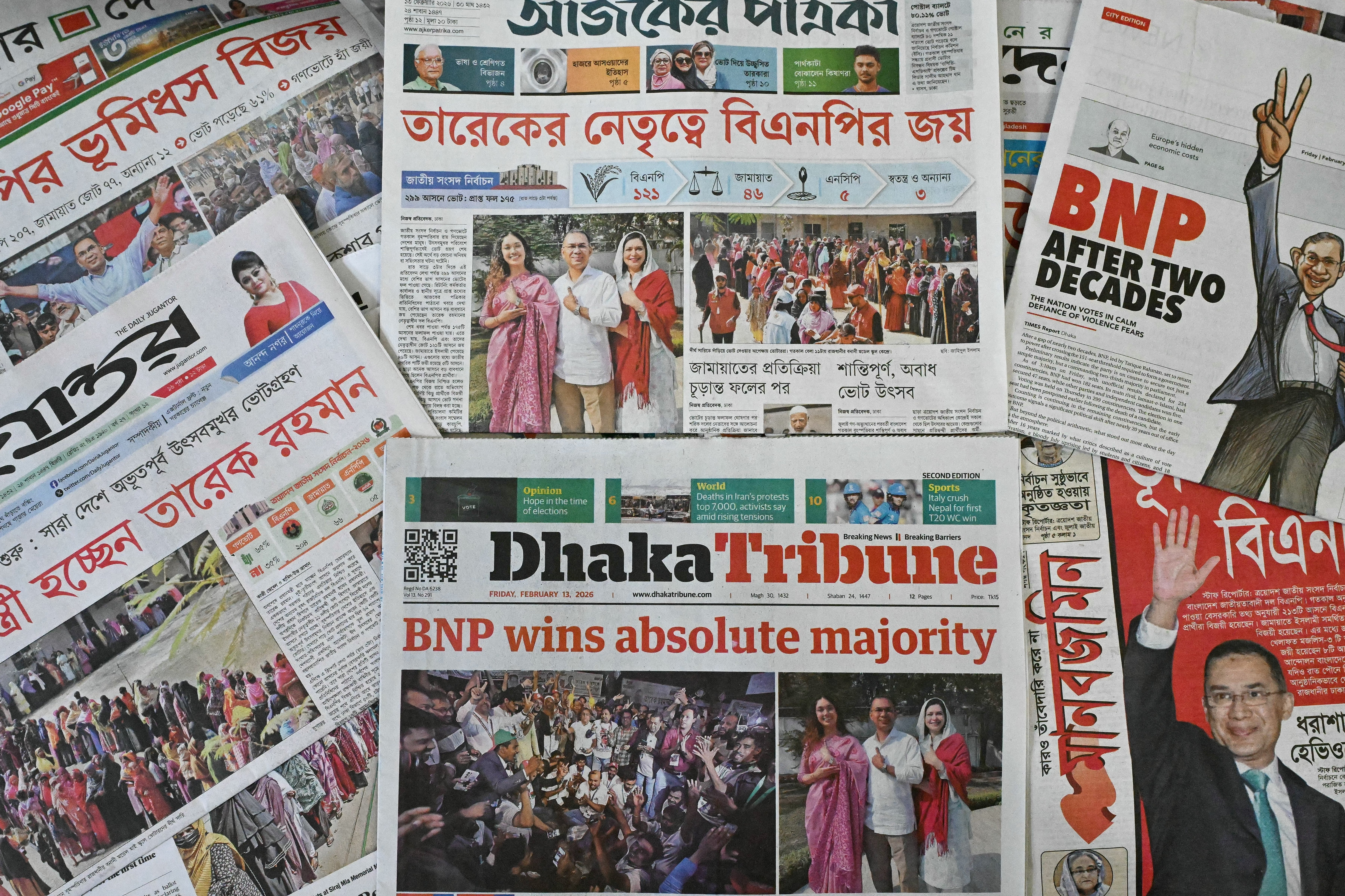 The front pages of newspapers featuring Bangladesh Nationalist Party (BNP) chairman and election candidate Tarique Rahman, are pictured in Dhaka on February 13, 2026 a day after Bangladesh's general election.