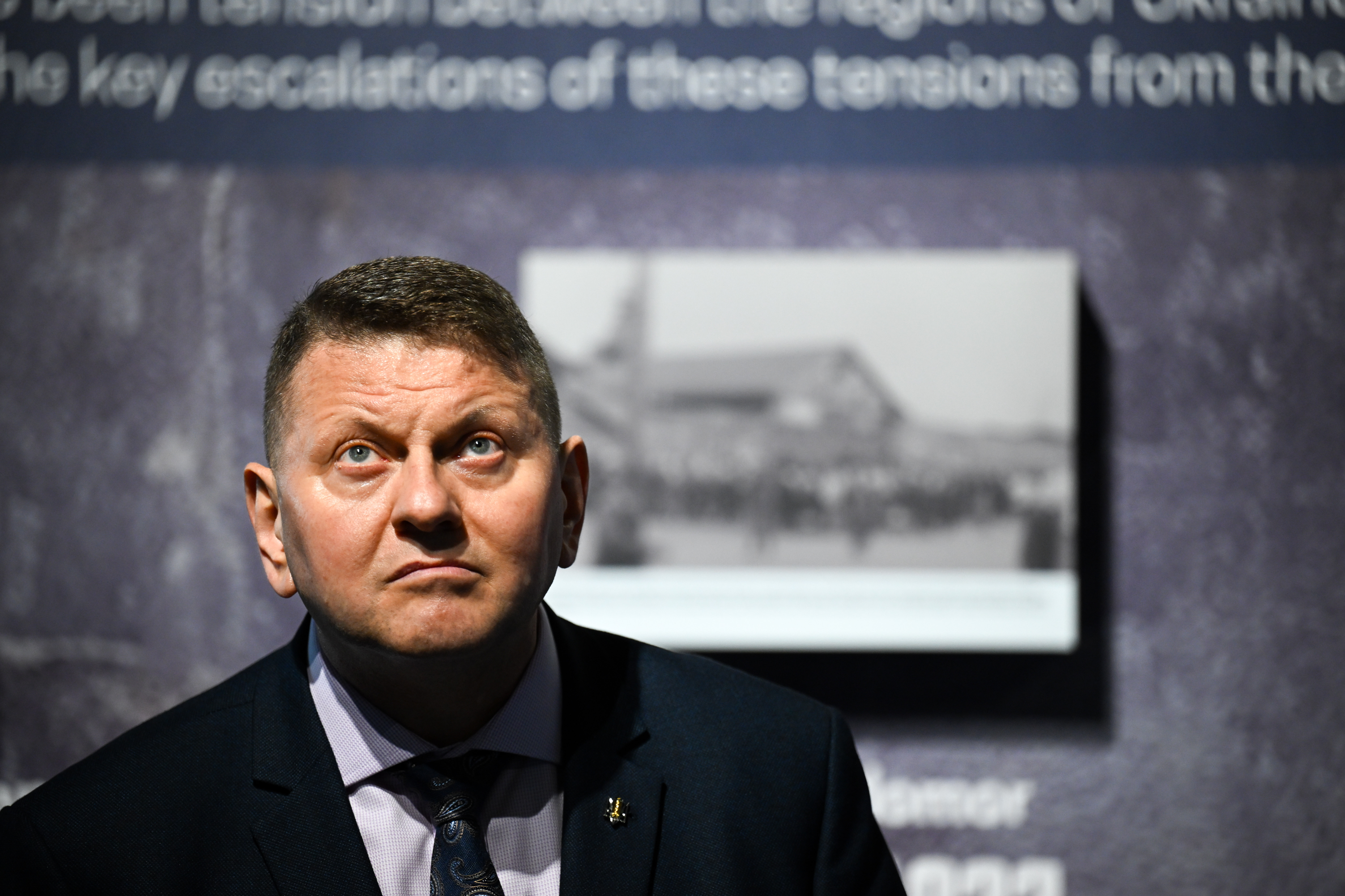 BOVINGTON, ENGLAND - APRIL 03: General Valerii Zaluzhnyi, Ambassador Extraordinary and Plenipotentiary of Ukraine to the United Kingdom and former Commander-in-Chief of the Armed Forces of Ukraine looks around the exhibition at The Tank Museum, on April 03, 2025 in Bovington, Dorset. Ukraine: Armoured Warfare in the Modern World is the largest exhibition in the UK focusing on the conflict with Russia. It charts the Russian invasion of Ukraine with a specific focus on the role of armoured vehicles, British assistance in training Ukrainian troops and highlights the devastating impact of the fighting on the Ukrainian people. (Photo by Finnbarr Webster/Getty Images)