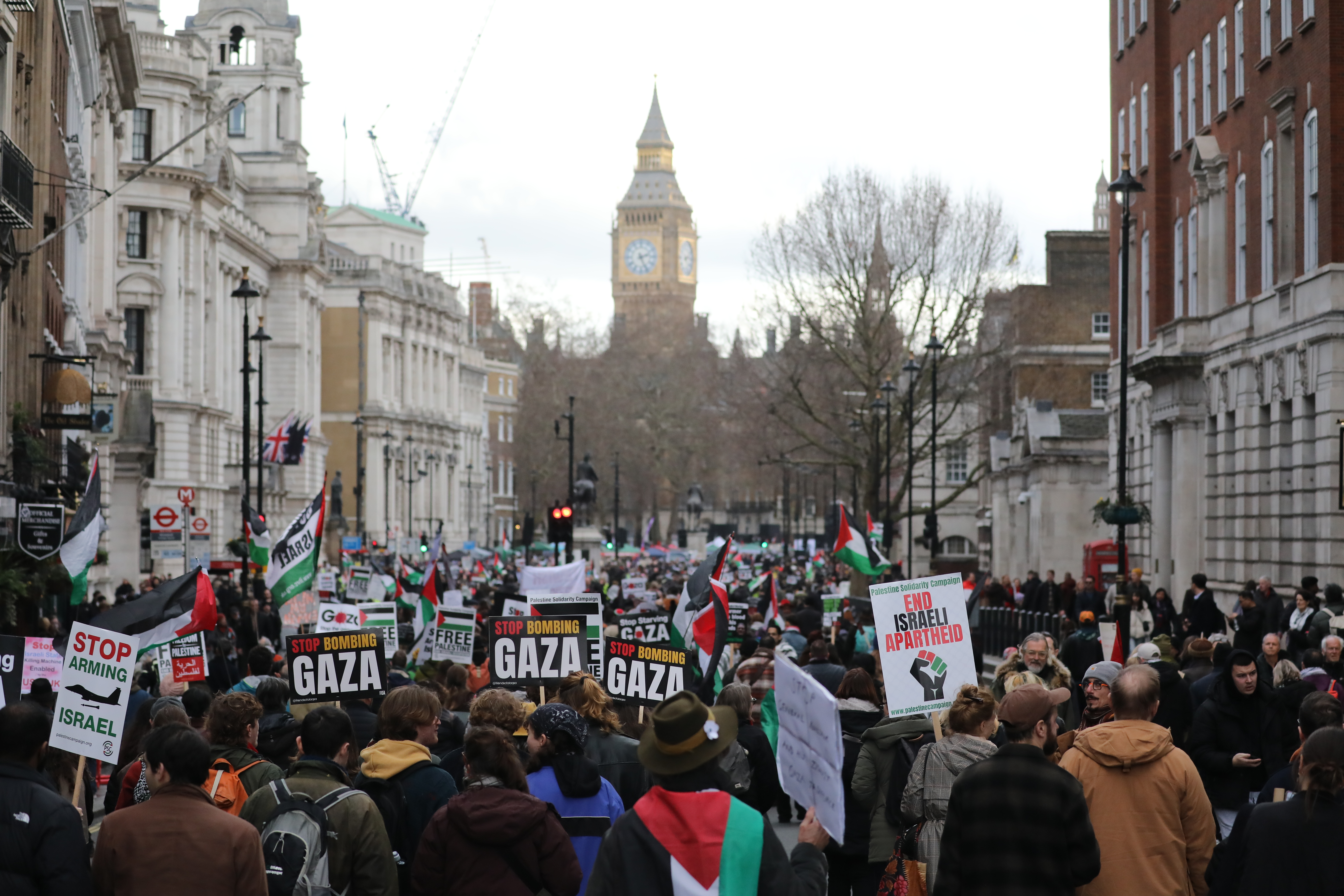 Protesters march along Whitehall for Palestine on January 31, 2026, in London, UK