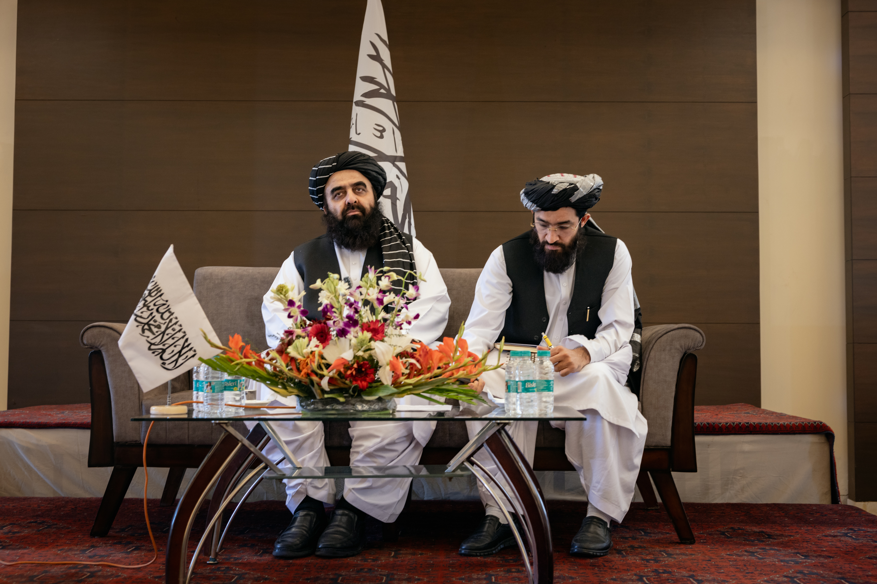 NEW DELHI, INDIA - OCTOBER 12: Afghanistan's Taliban Foreign Minister, Amir Khan Muttaqi, adresses media at a press conference on October 12, 2025 in New Delhi, India. During Muttaqi's media interaction earlier this week, the Taliban leader had come under fire for discriminatory behaviour for “not allowing” women journalists. (Photo by Elke Scholiers/Getty Images)