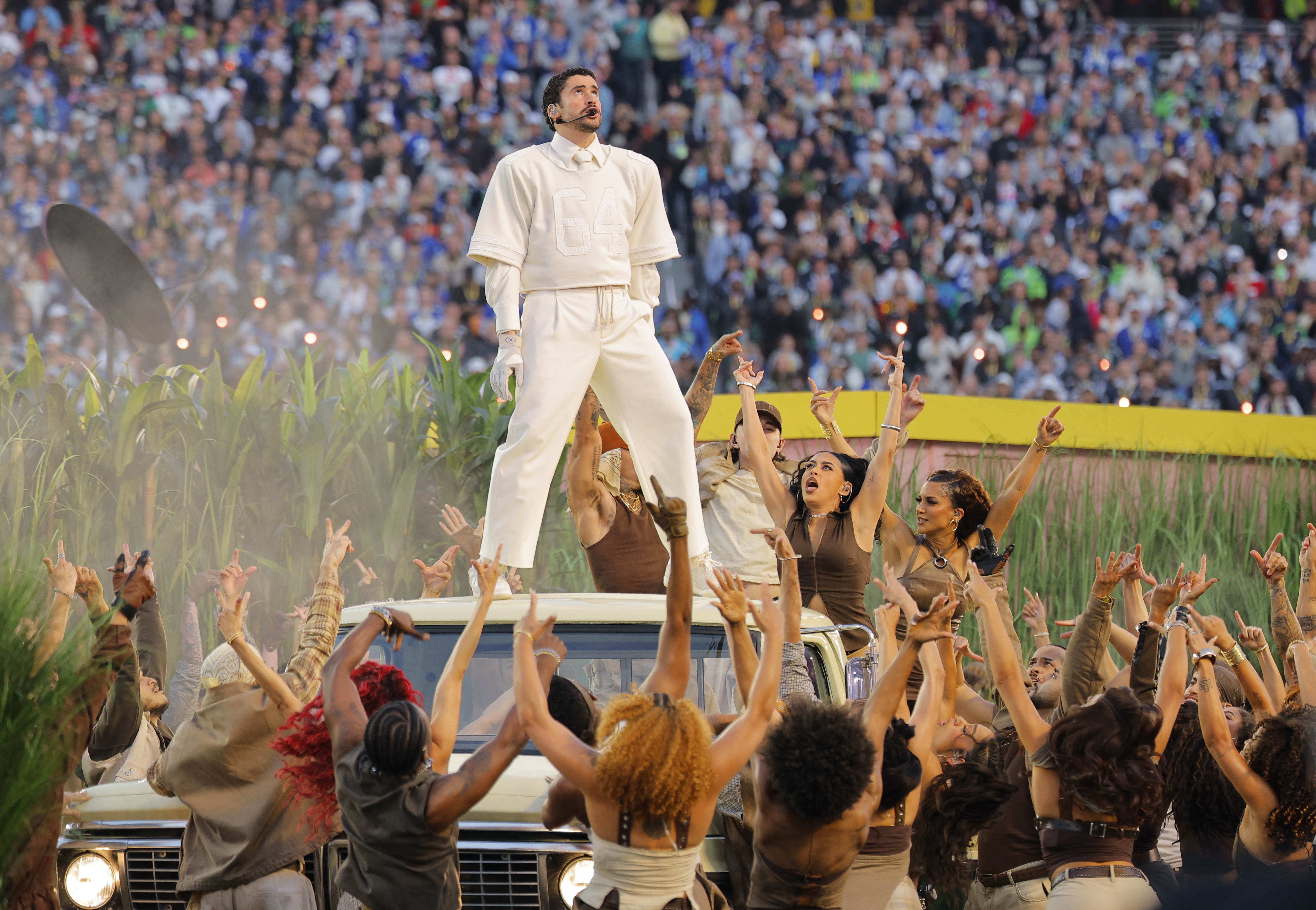Super Bowl LX - Half-Time Show - New England Patriots v Seattle Seahawks - Levi's Stadium, Santa Clara, California, United States - February 8, 2026 Bad Bunny performs during the halftime show REUTERS/Mike Blake