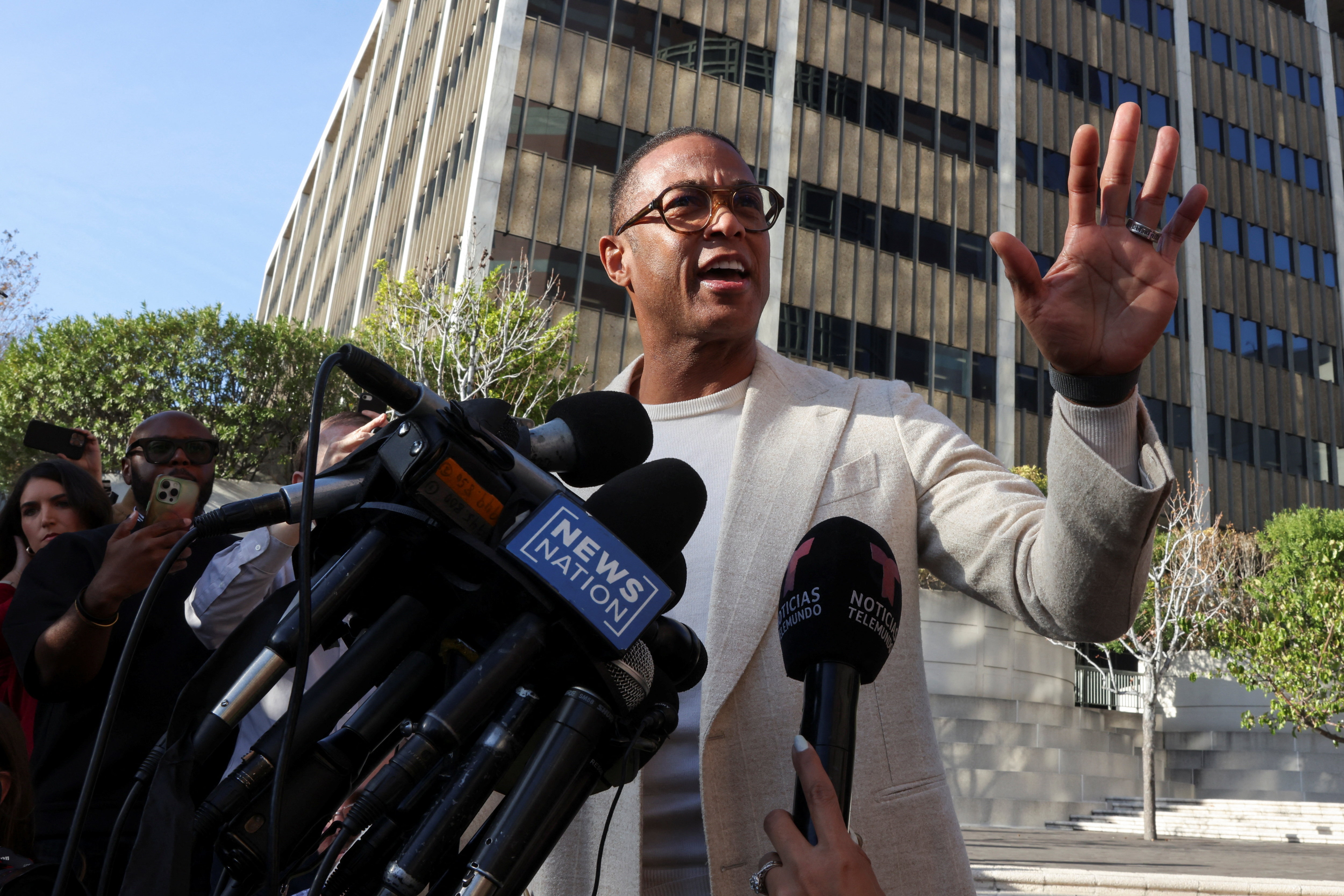Former CNN anchor Don Lemon speaks to the press as he leaves federal court after an appearance following his arrest for involvement in a protest at a church in Minnesota, in Los Angeles, California, U.S., January 30, 2026. REUTERS/Jill Connelly