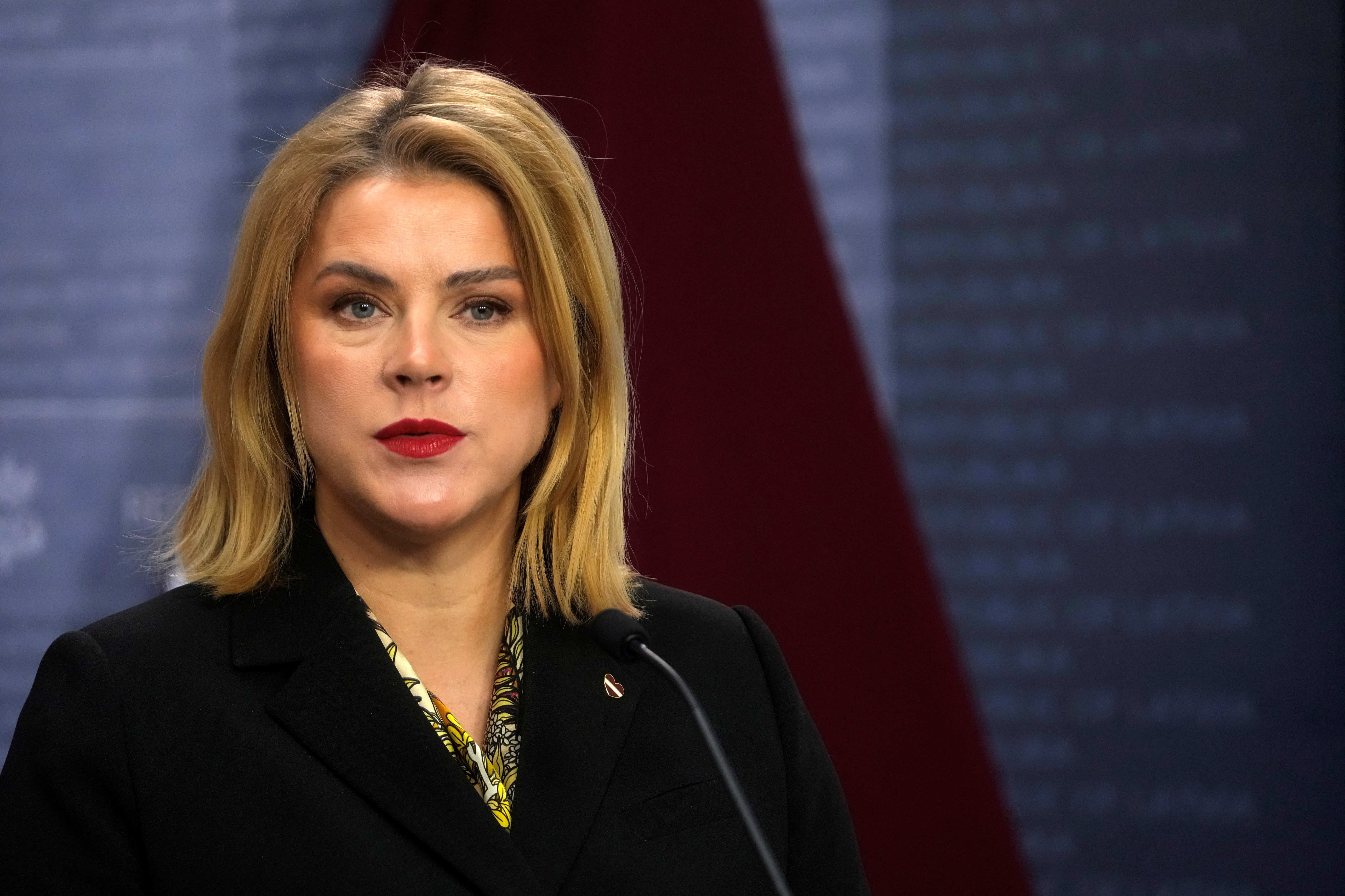 Latvian Prime Minister Evika Silina looks on during a press conference with Lithuanian Prime Minister Gintautas Paluckas (not pictured) in Riga, Latvia February 20, 2025. REUTERS/Ints Kalnins