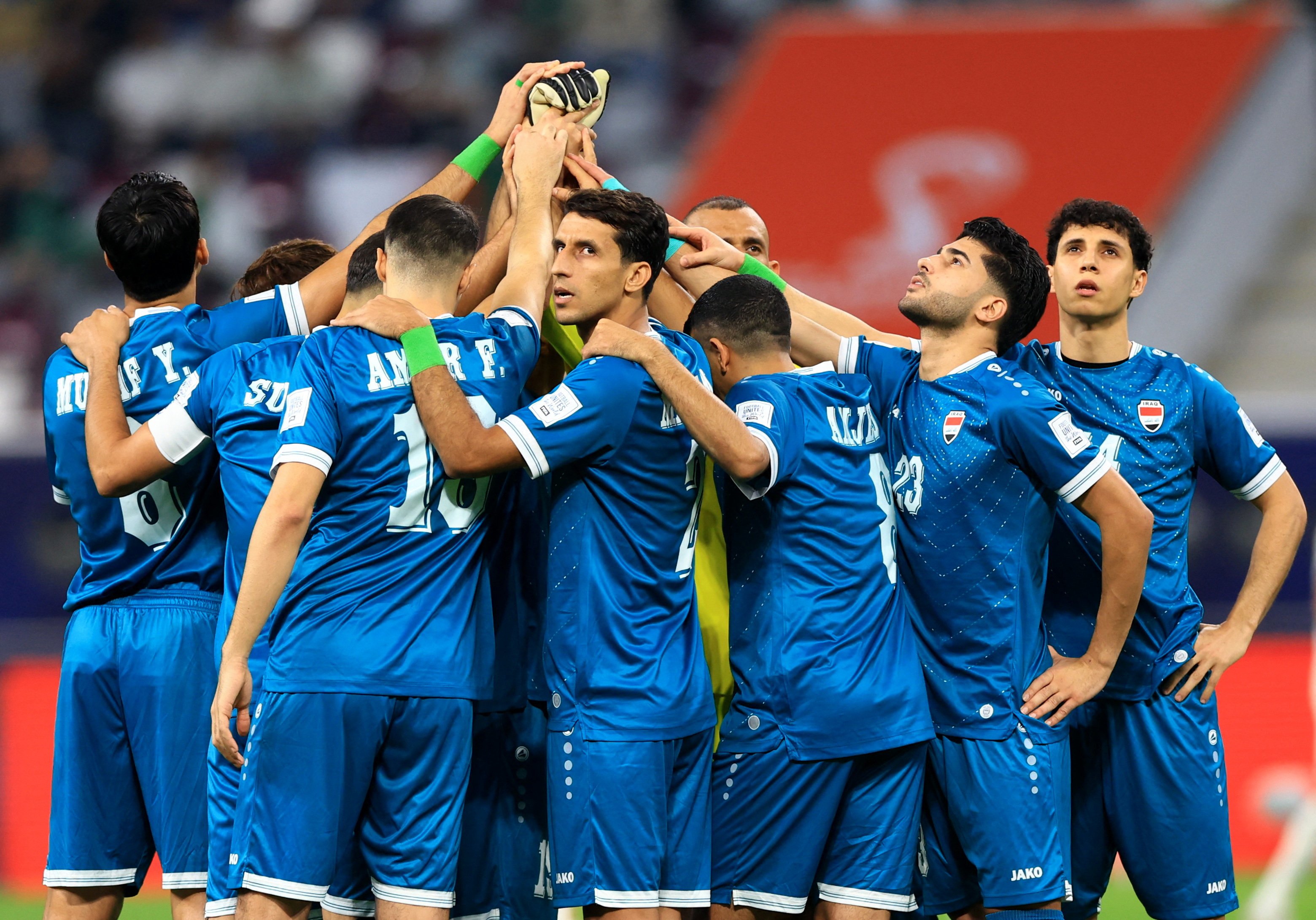 Soccer Football - FIFA Arab Cup - Qatar 2025 - Group D - Algeria v Iraq - Khalifa International Stadium, Doha, Qatar - December 9, 2025 Iraq players react before the match REUTERS/Thaier Al-Sudani