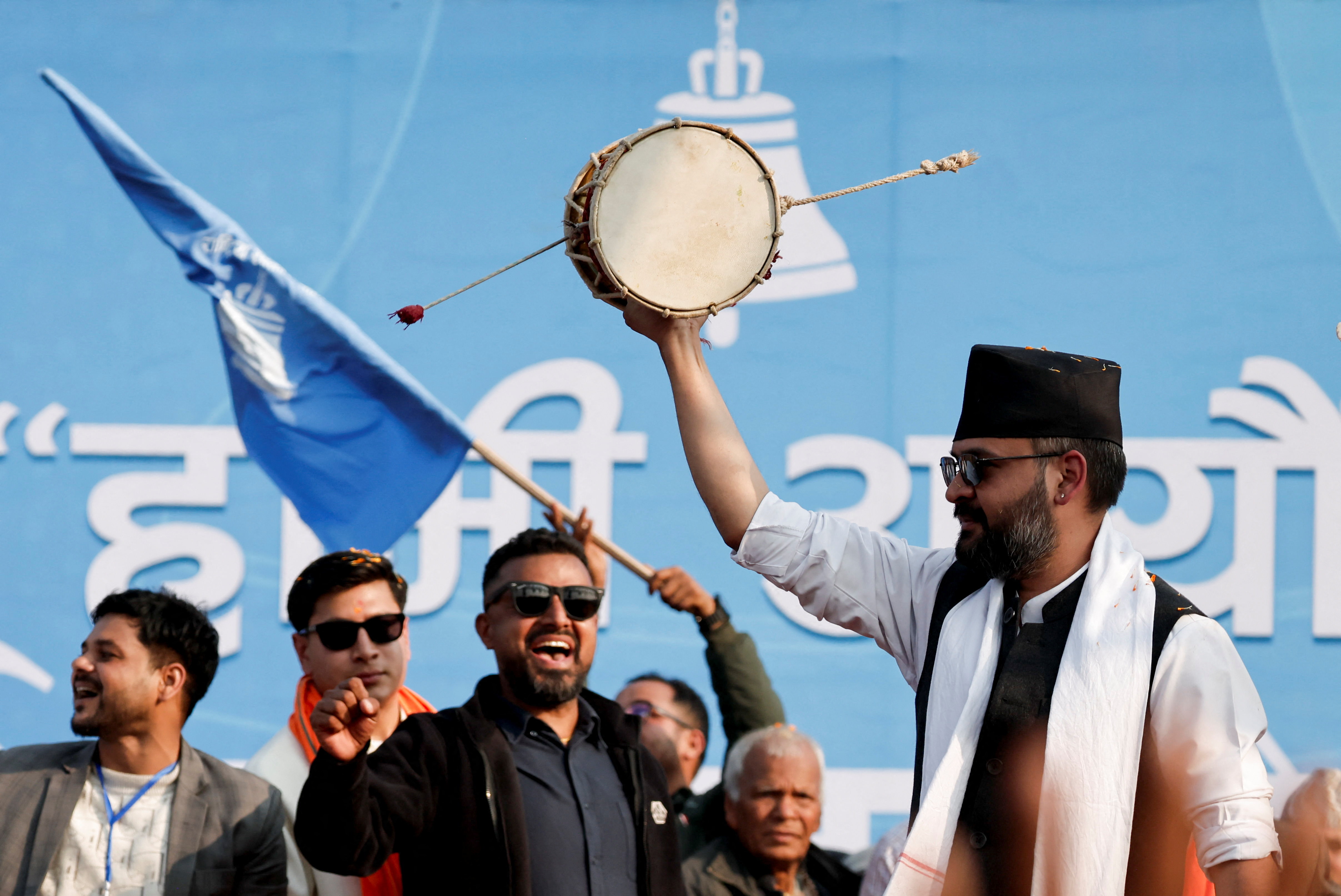 Balendra Shah, former mayor of Kathmandu popularly known as "Balen", who according to party officials, will become prime minister under an internal agreement if the Rastriya Swatantra Party (RSP) wins the March 5 elections, plays a "damru" percussion instrument during an election campaign in Janakpur, Nepal, January 19, 2026. REUTERS/Navesh Chitrakar
