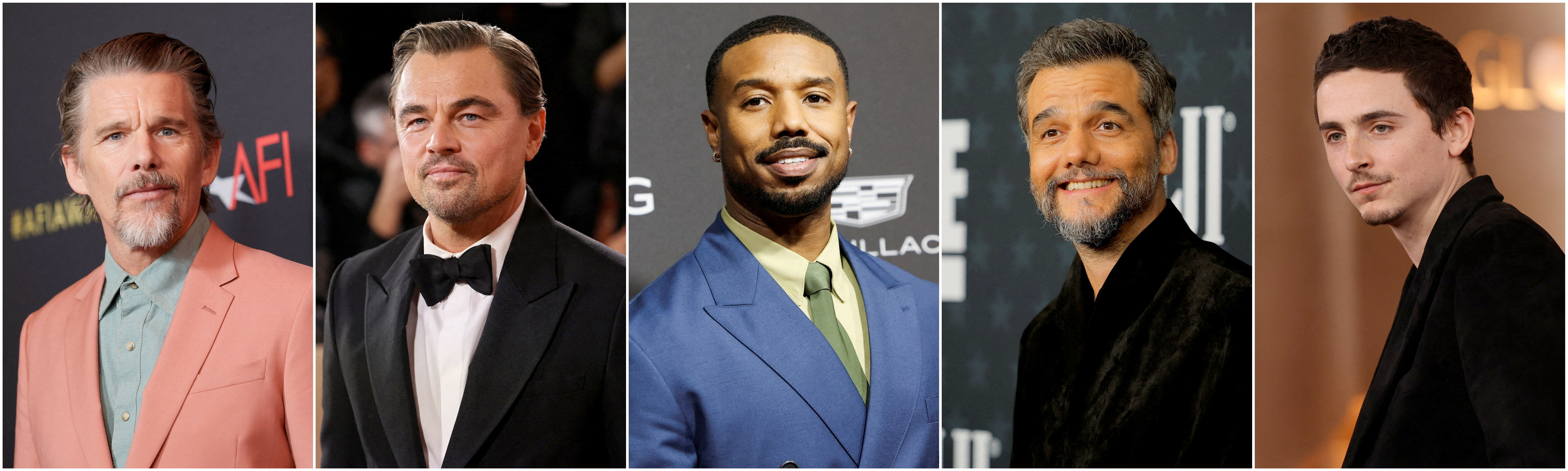 Ethan Hawke attending the American Film Institute (AFI) Awards Luncheon in Los Angeles, California, U.S., January 9, 2026., Leonardo DiCaprio posing on the red carpet at the 83rd Annual Golden Globes in Beverly Hills, California, U.S., January 11, 2026., Michael B. Jordan attending the 37th Annual Palm Springs International Film Festival in Palm Springs, California, U.S., January 3, 2026., Wagner Moura attending the 31st annual Critics Choice Awards in Santa Monica, California, U.S., January 4, 2026., and Timothee Chalamet