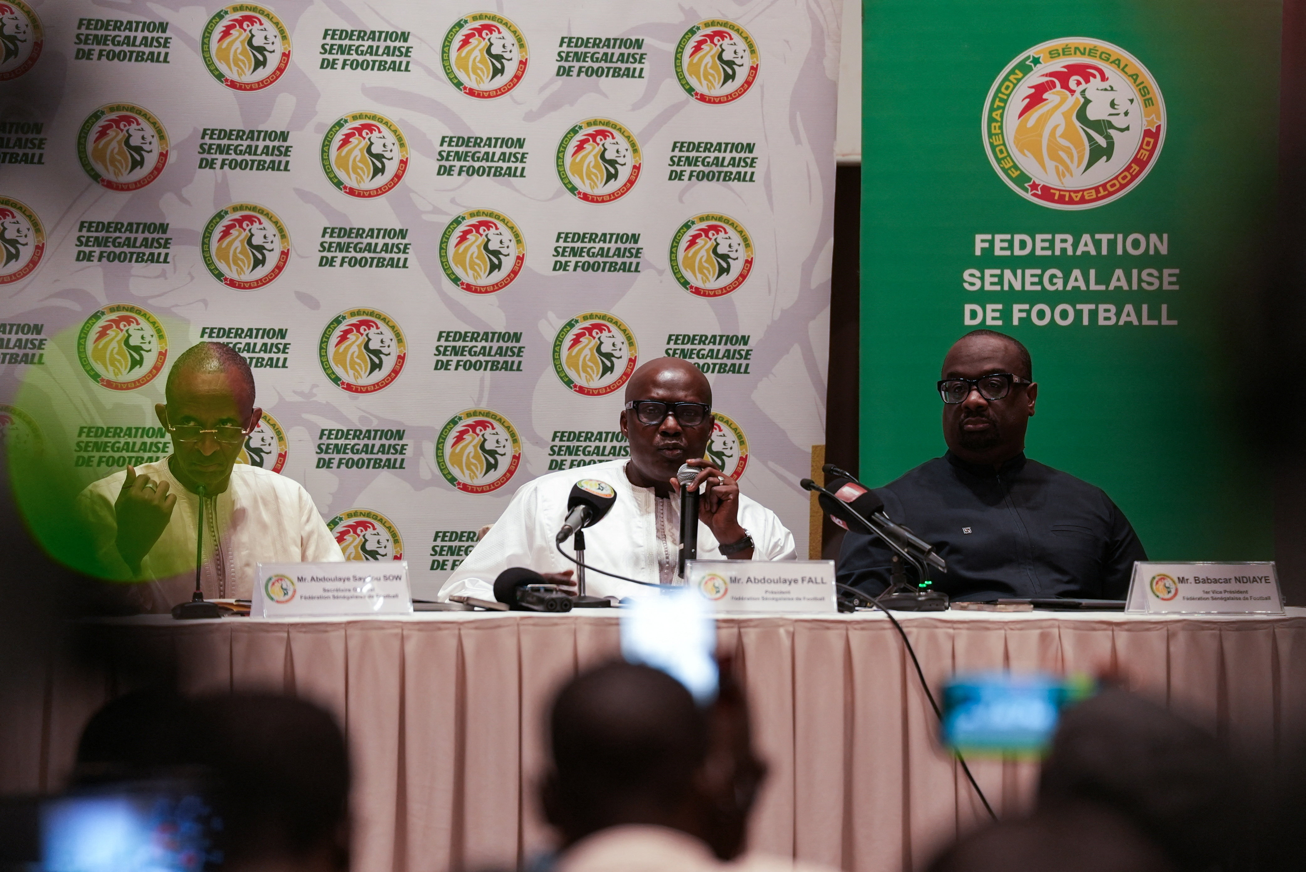 Abdoulaye Fall, president of the Senegalese Football Federation (FSF), speaks at a press conference, after the Confederation of African Football (CAF) stripped Senegal of the 2025 Africa Cup of Nations title and awarded it to Morocco, following a ruling that Senegal forfeited the January 18 final by walking off the pitch in protest against a late penalty decision