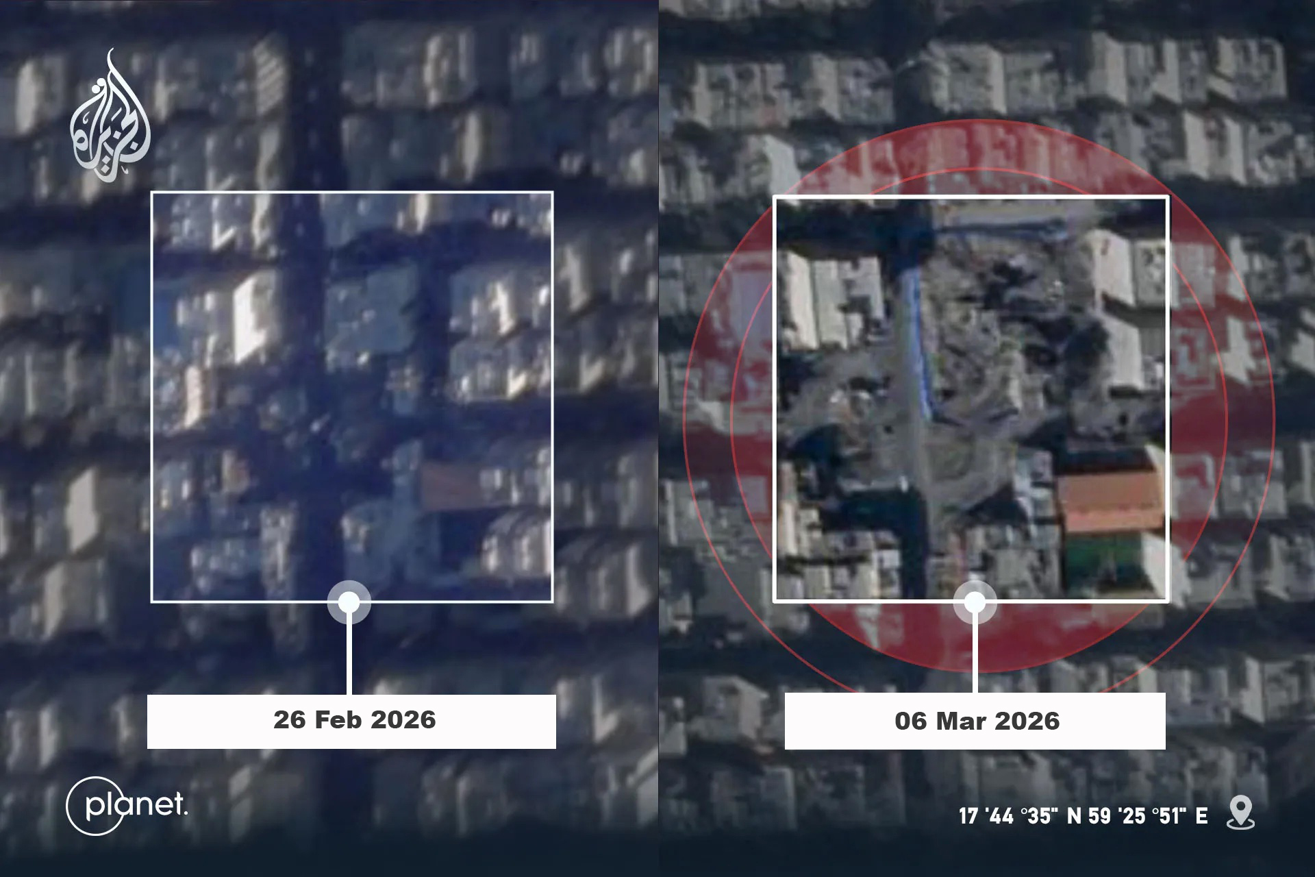 Satellite imagery provided by Planet Labs shows the complete destruction of the 11th Criminal Investigation Base in southern Tehran between February 26 and March 6, 2026.