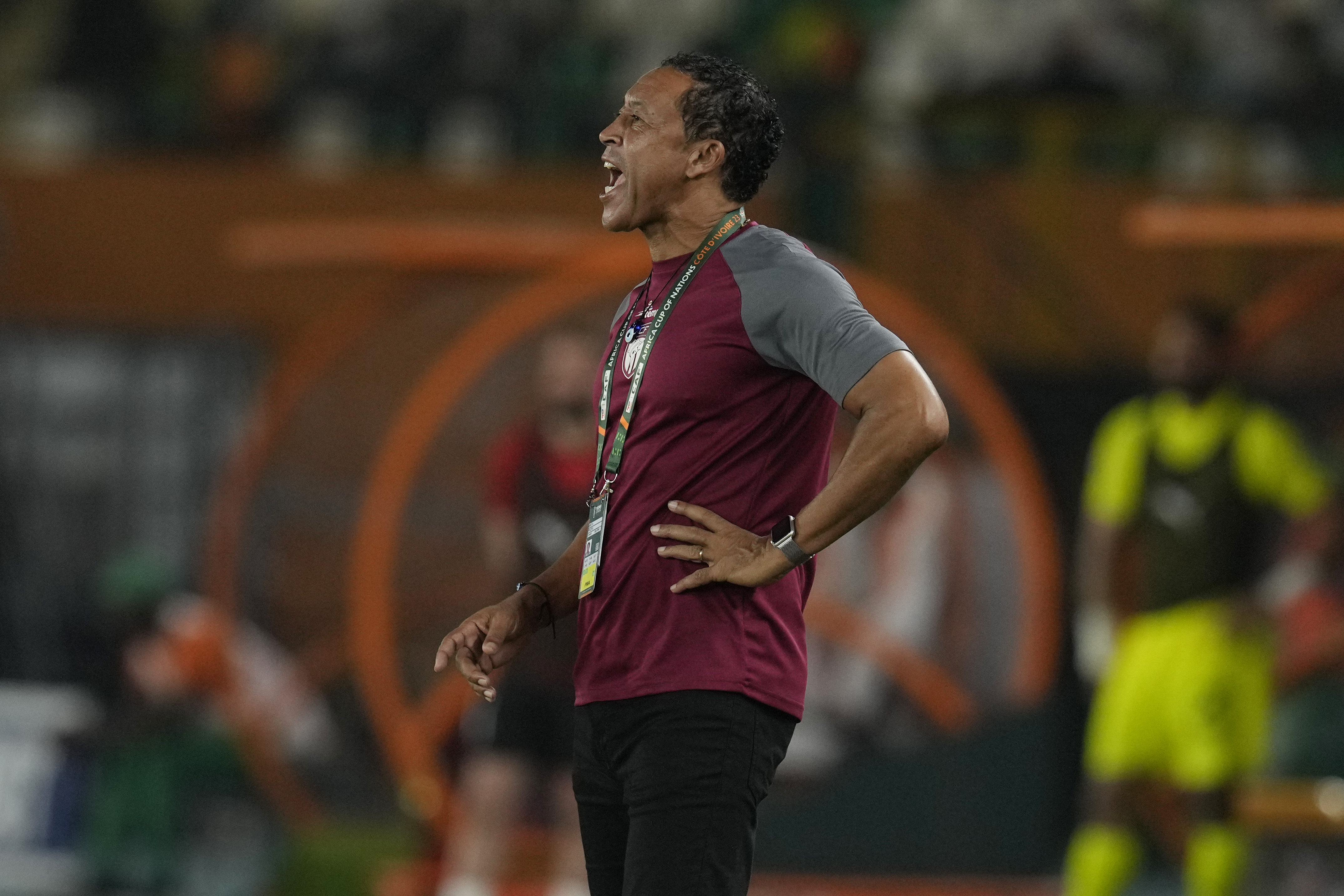Cape Verde's head coach Bubista shouts during the African Cup of Nations Group B soccer match between Cape Verde and Egypt at the Felix Houphouet Boigny stadium in Abidjan, Ivory Coast, Monday, Jan. 22, 2024. (AP Photo/Themba Hadebe)