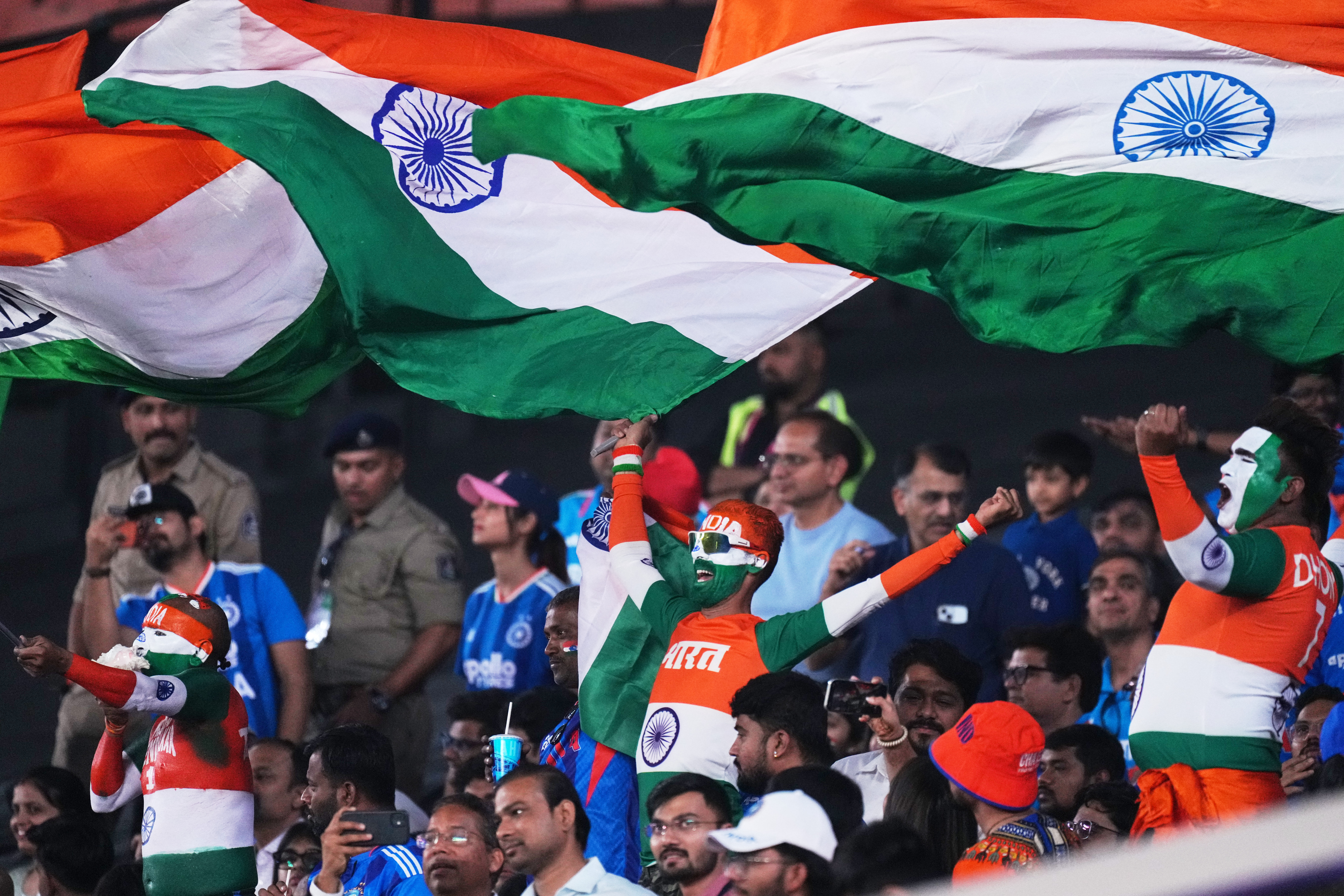India's fans cheer on from the stands during the T20 World Cup cricket match between India and Netherlands in Ahmedabad, India, Wednesday, Feb. 18, 2026. (AP Photo/Ajit Solanki)