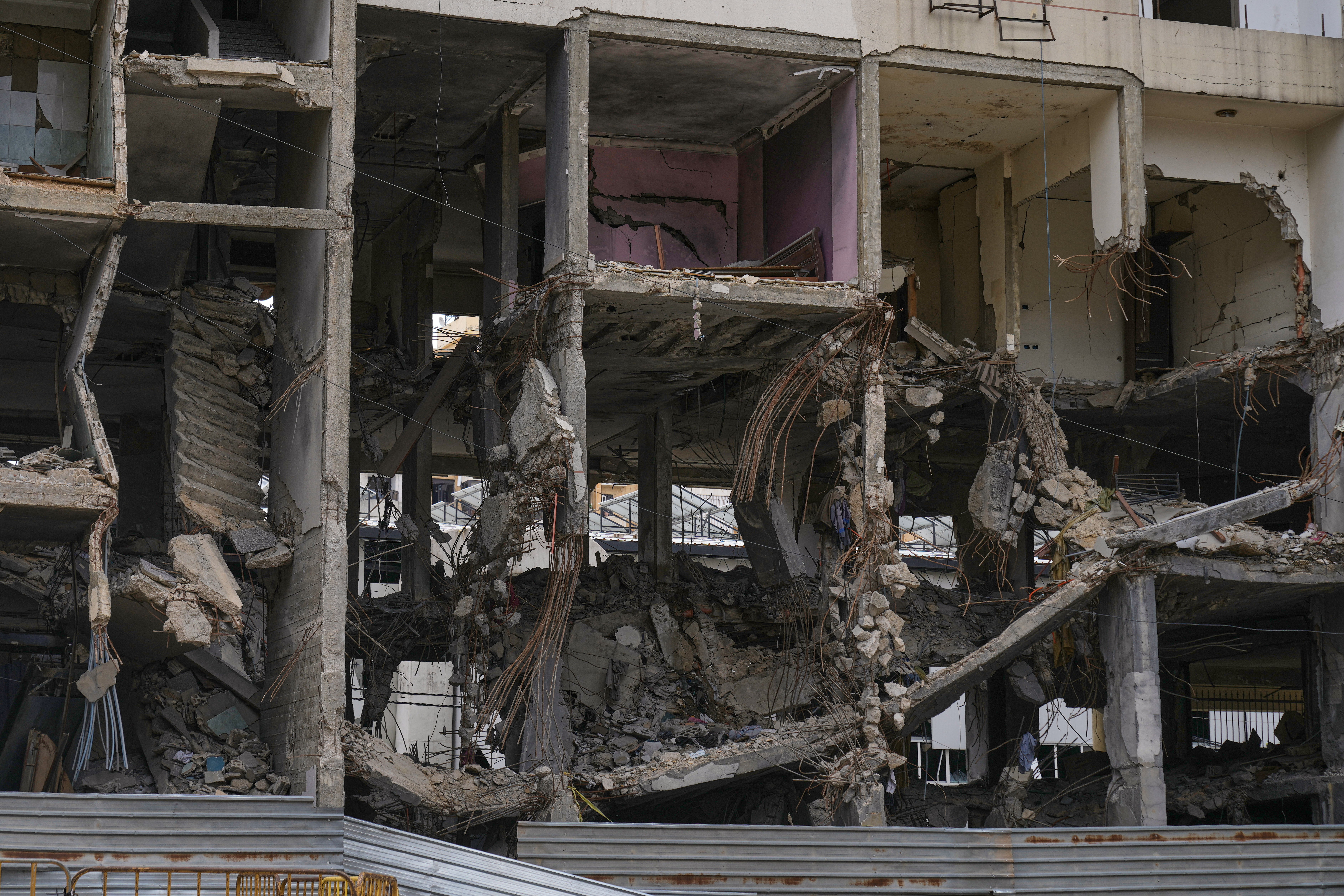 A view of a building damaged in an Israeli airstrike, in Dahiyeh