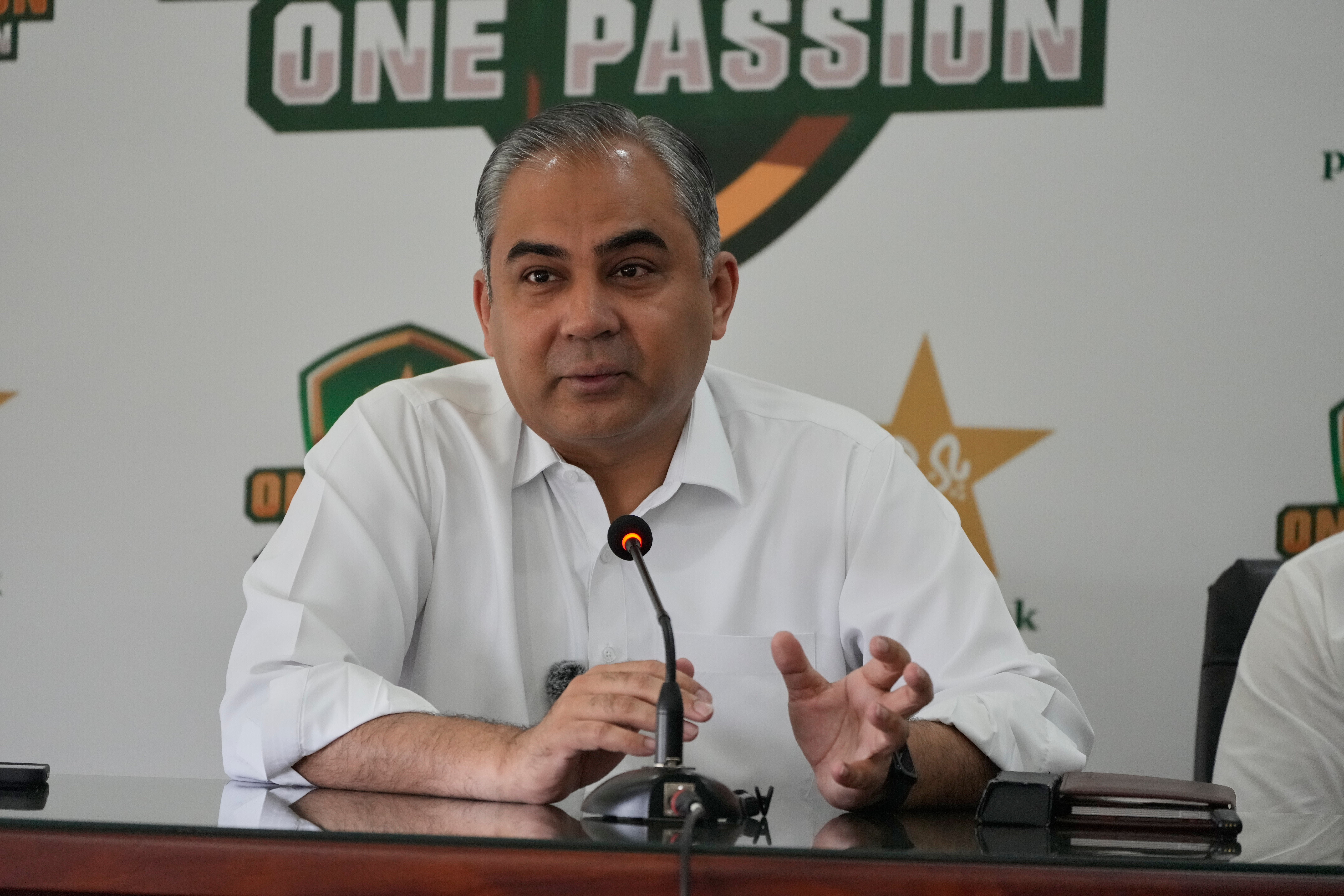 Pakistan's Interior Minister and Chairman of Pakistan Cricket Board Mohsin Naqvi speaks during a press conference regarding upcoming Pakistan Super League cricket tournament, in Lahore