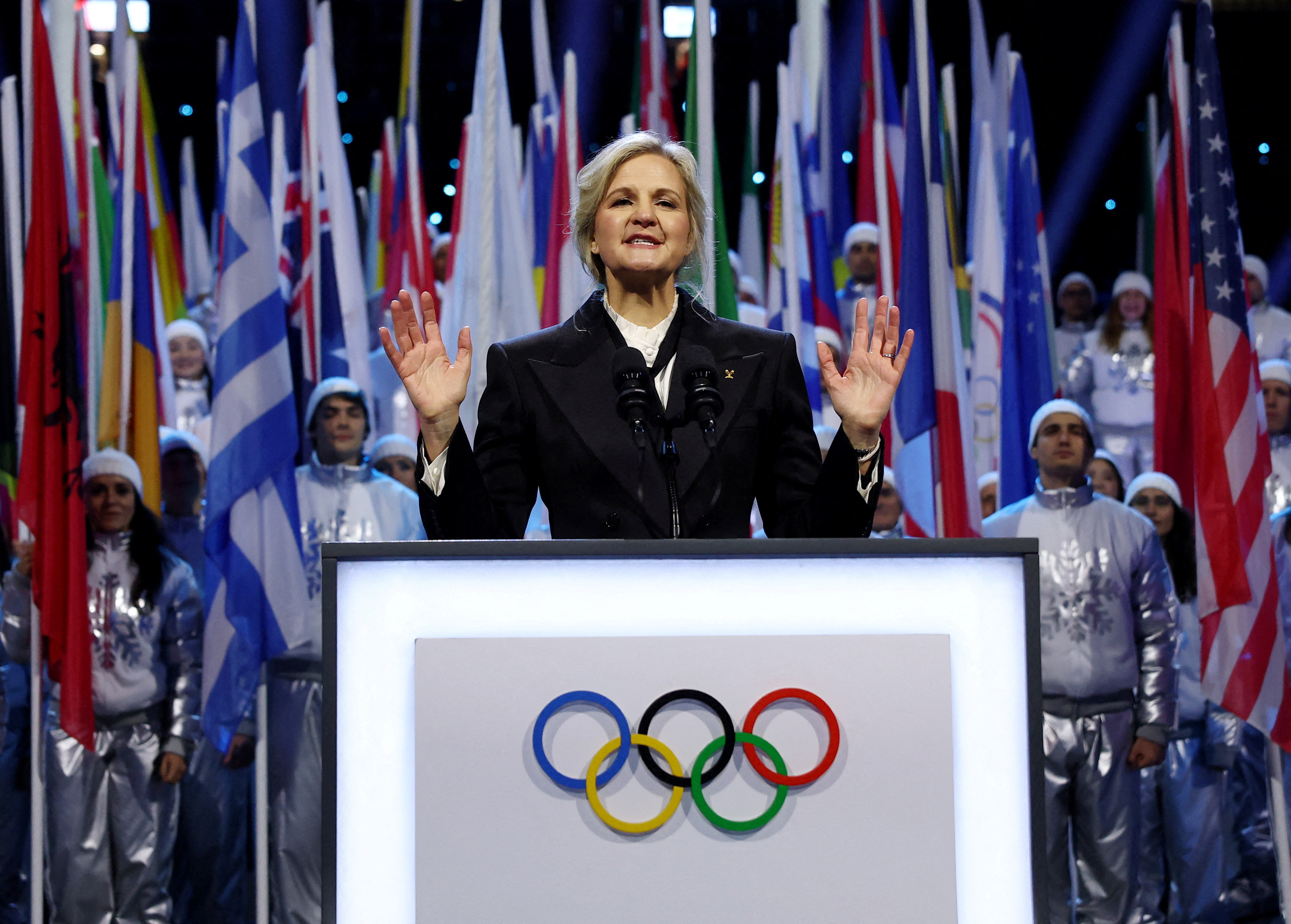 IOC President Kirsty Coventry speaks during the Olympic opening ceremony at the 2026 Winter Olympics, in Milan, Italy