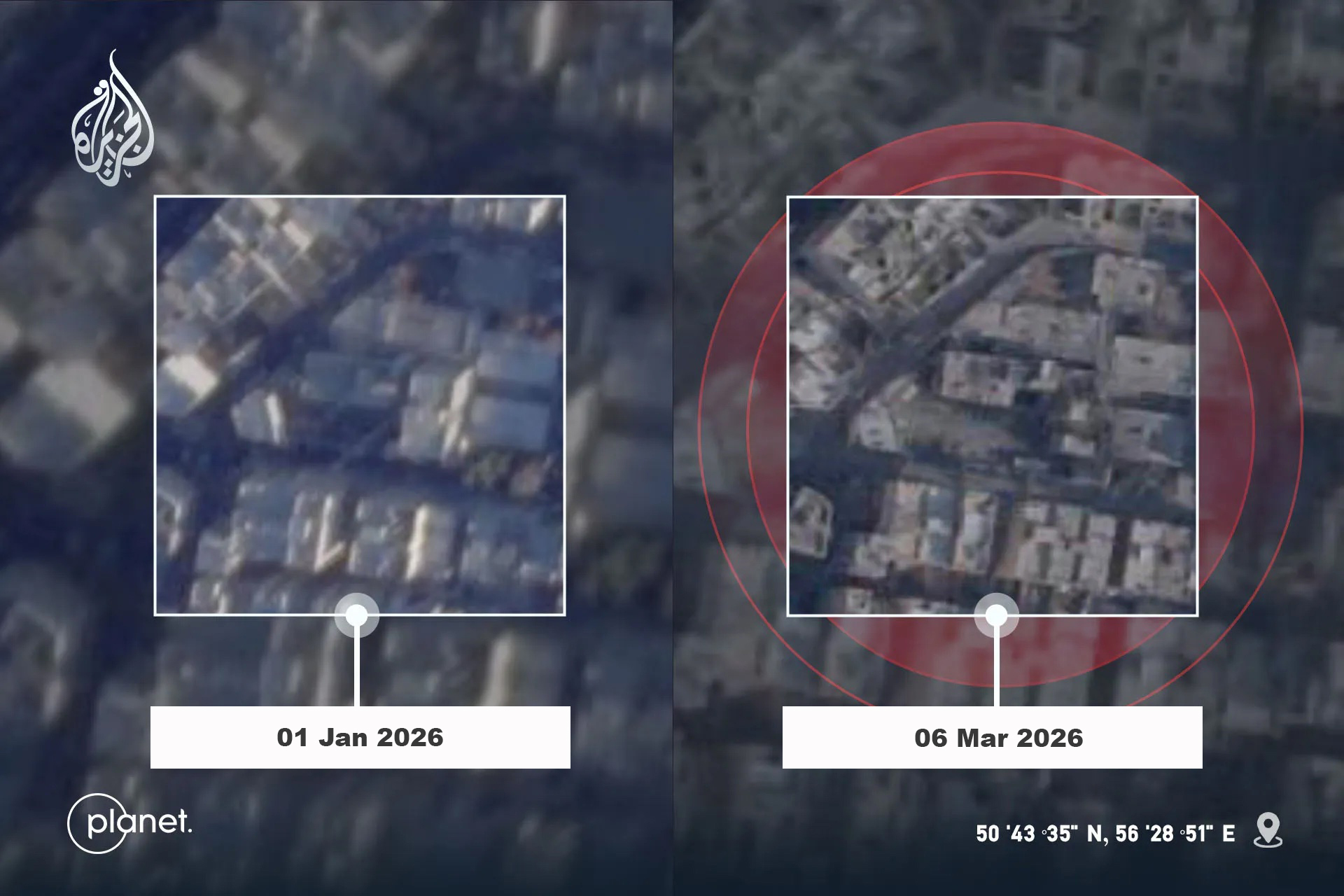 Satellite imagery captures the extensive damage inflicted on the Beheshti Basij headquarters in Tehran's District 8 following the initial wave of strikes. (Al Jazeera/Planet).