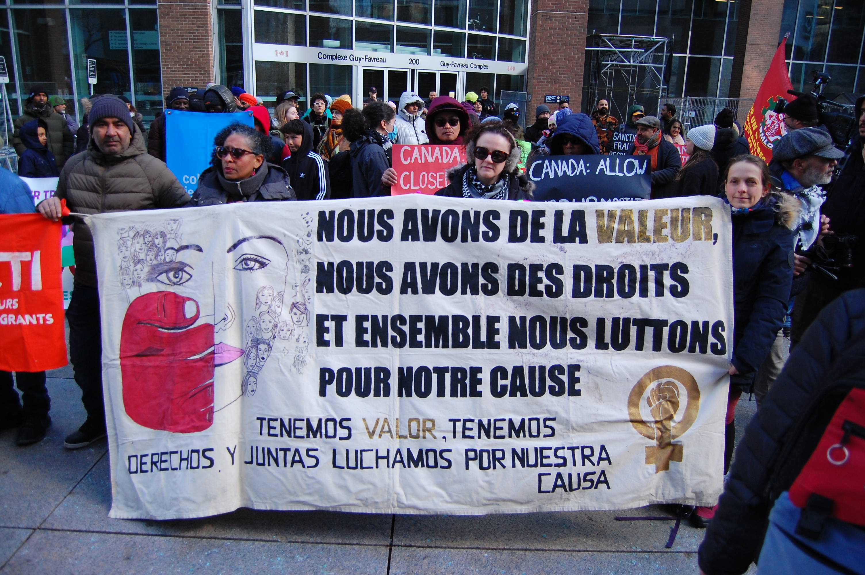Migrant and refugee rights advocates rally in Montreal, Canada, on March 21, 2026 [Jillian Kestler-D'Amours/Al Jazeera]