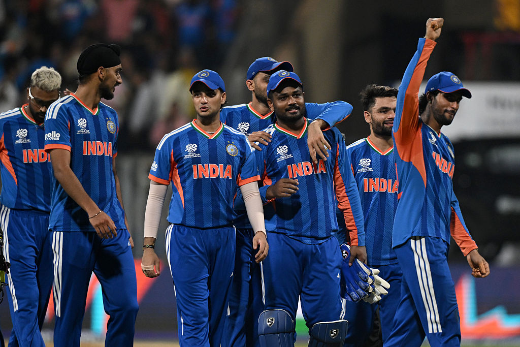 India celebrate winning the ICC Men's T20 World Cup India & Sri Lanka 2026 Semi-Final match between India and England