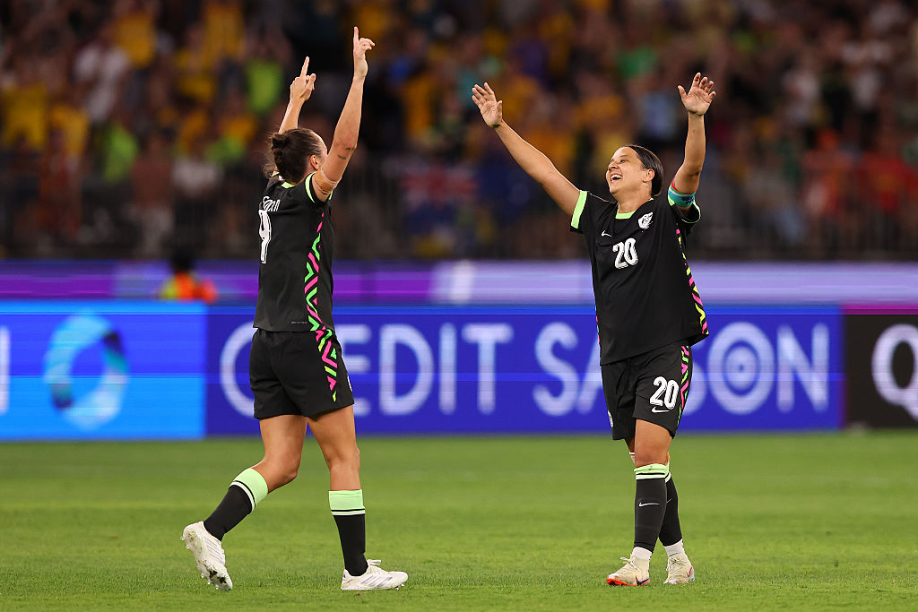 Caitlin Foord and Sam Kerr of Australia celebrate victory and reaching the final during the AFC Women's Asian Cup Australia 2026