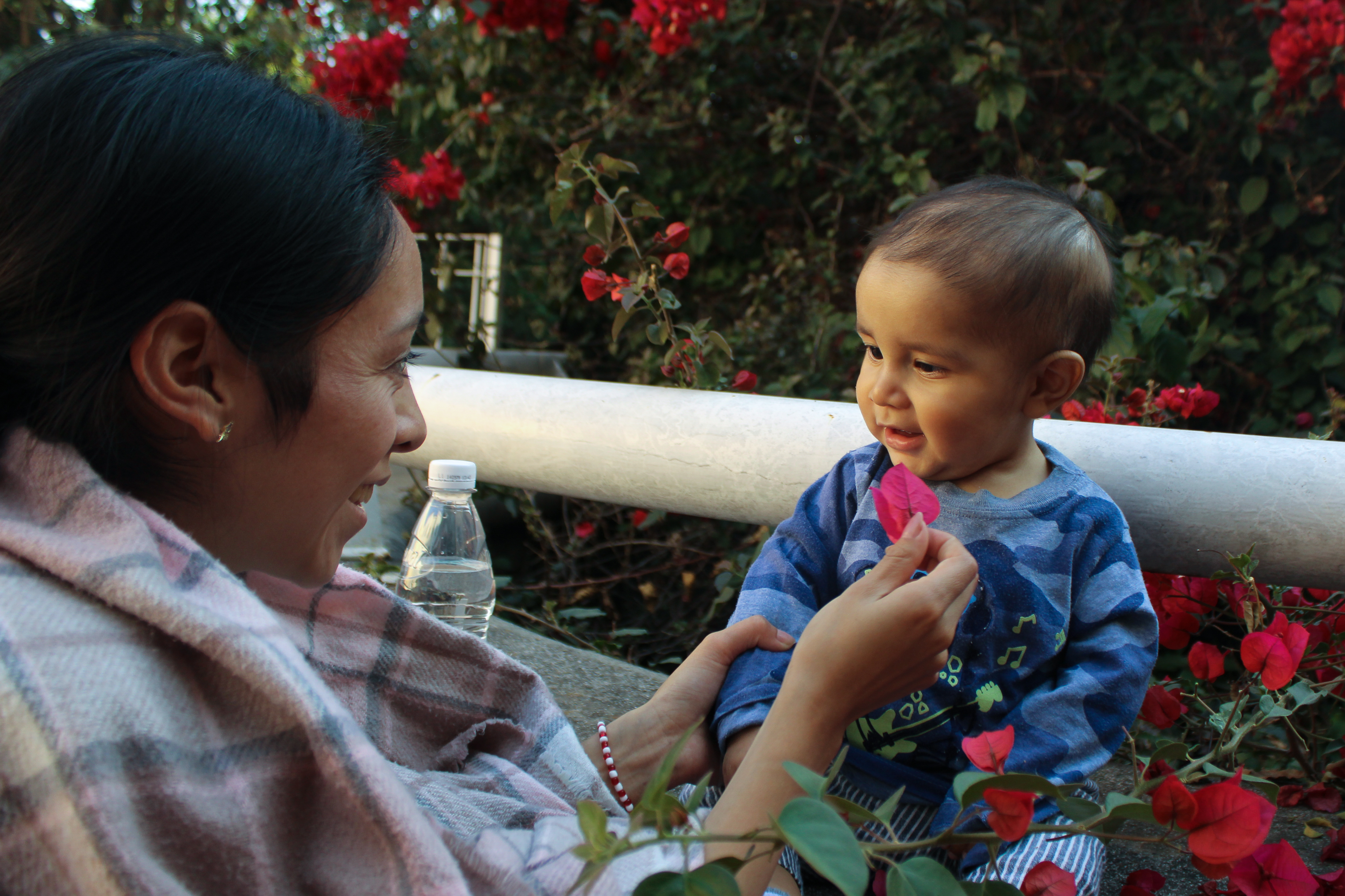 Smiling and laughing, Luisa plays with a red flower in front of her son Juan de Jesús’ damaged eye in the shelter’s garden, turning colour and motion into a shared game_-1773831298