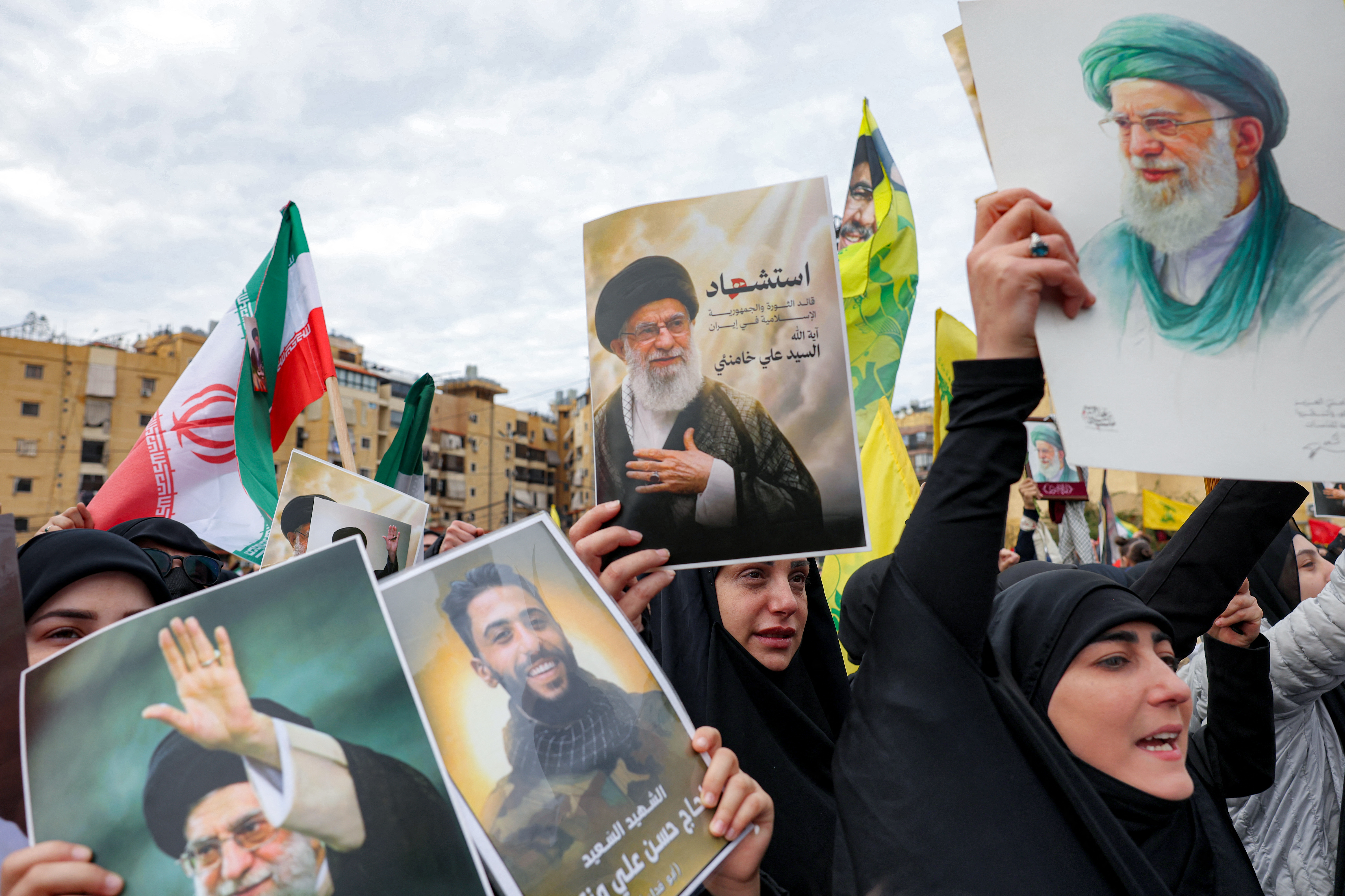 Mourners chant slogans during a memorial rally held by supporters of Lebanon’s Shiite Muslim Hezbollah movement a day after Iran’s supreme leader was assassinated during a US and Israeli offensive on Tehran, in Beirut’s southern suburbs on March 1, 2026.