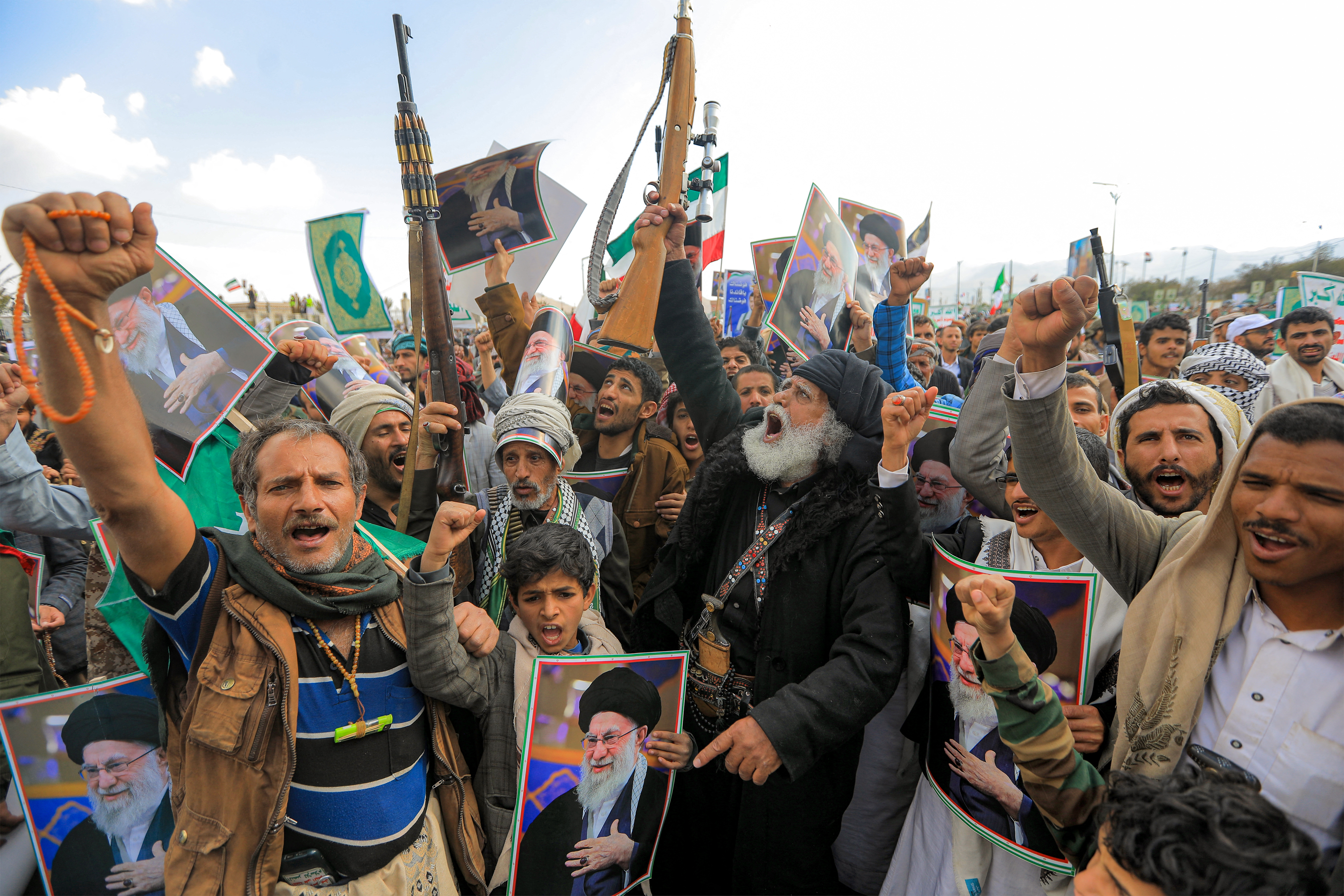 Mourners attend a memorial rally held by supporters of Yemen's Huthis a day after Iran's supreme leader was assassinated during a US and Israeli strikes on Tehran, in the Huthi-held capital Sanaa on March 1, 2026.