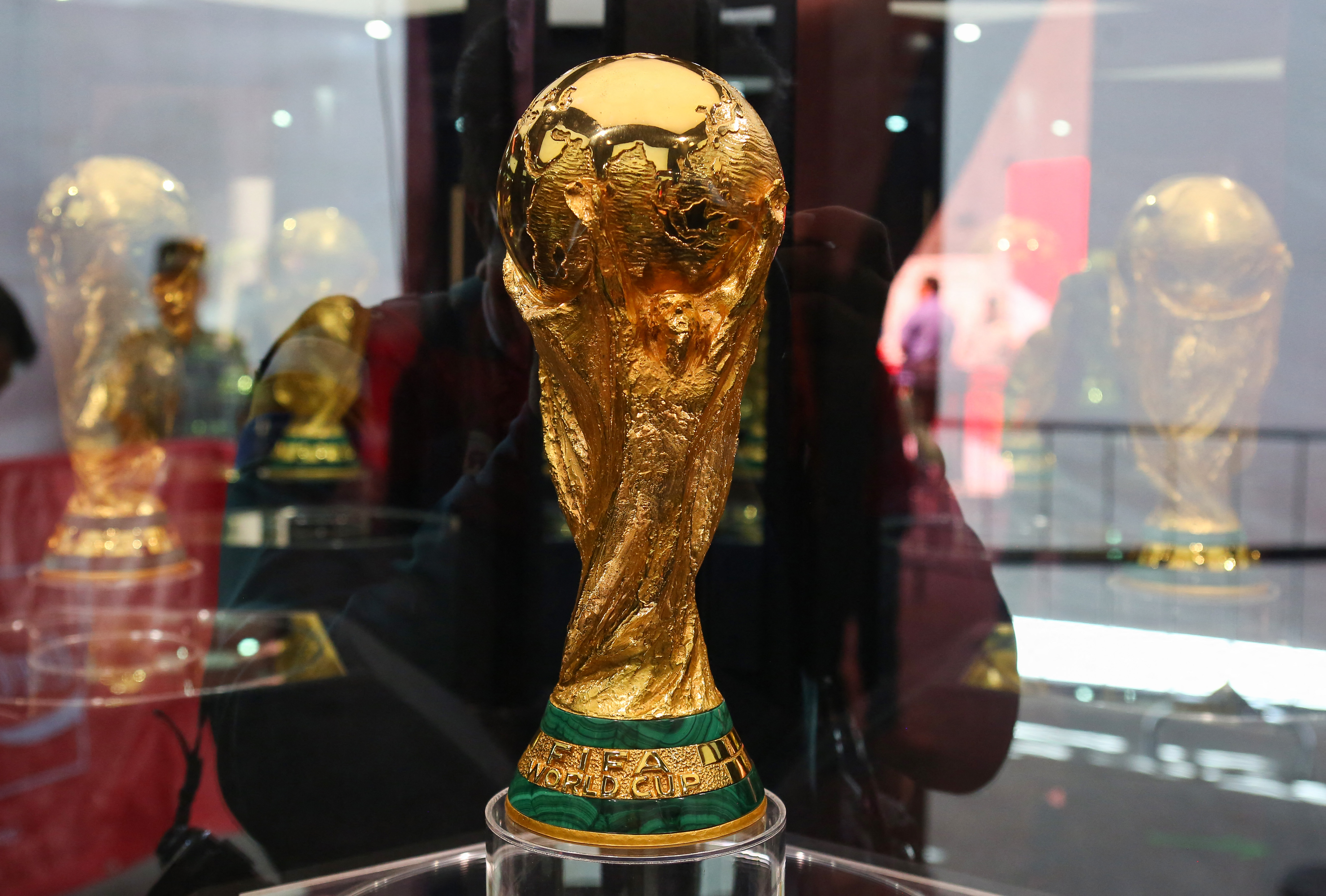 The official World Cup trophy is displayed during its presentation within the FIFA World Cup 2026 Trophy Tour at BBVA Stadium in Guadalupe, Nuevo Leon, Mexico on March 14, 2026. (Photo by Julio Cesar AGUILAR / AFP)