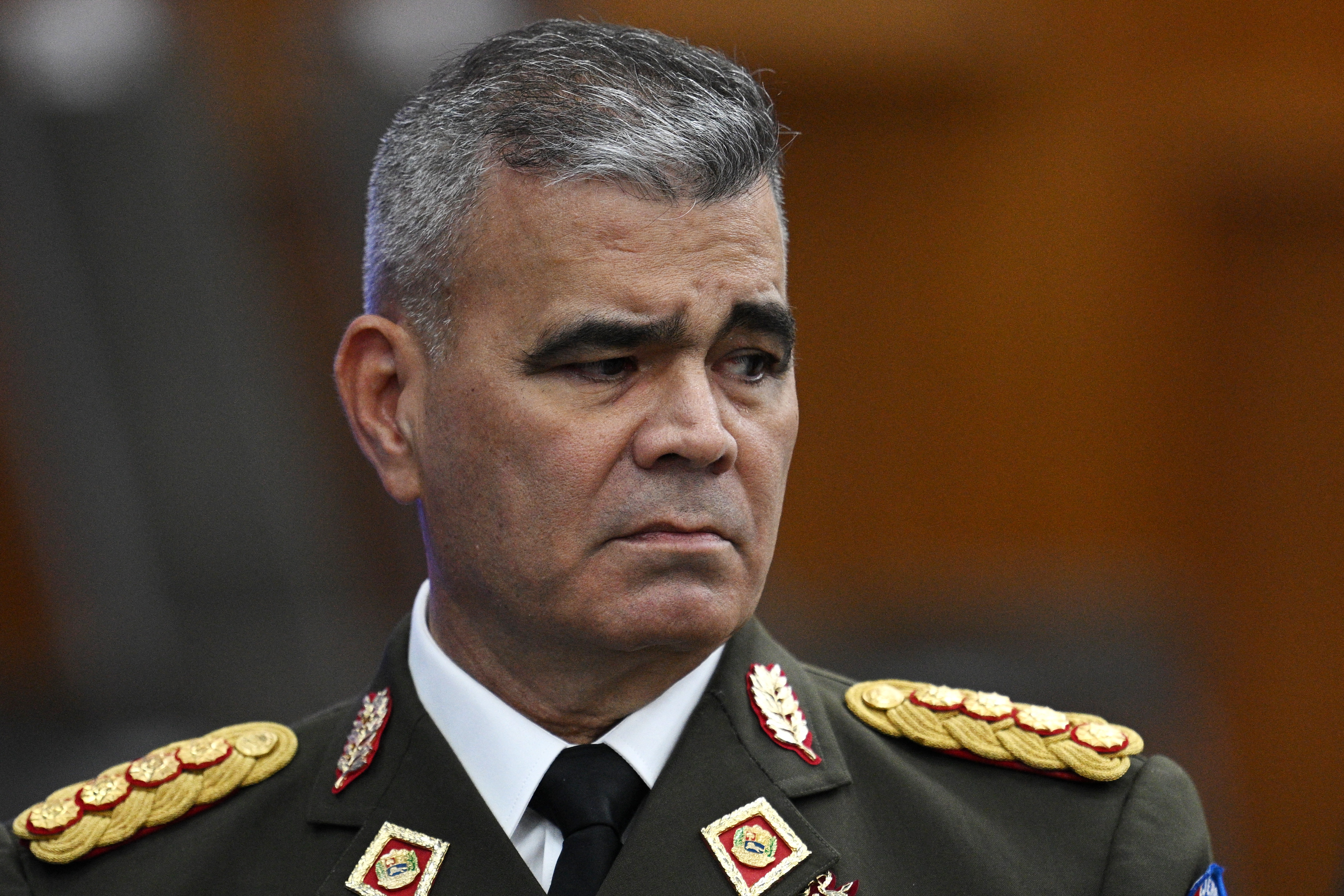 (FILES) Venezuelan Defence Minister General Vladimir Padrino gestures a ahead of a press conference of Venezuela President Nicolas Maduro at the Miraflores presidential palace in Caracas on July 31, 2024.