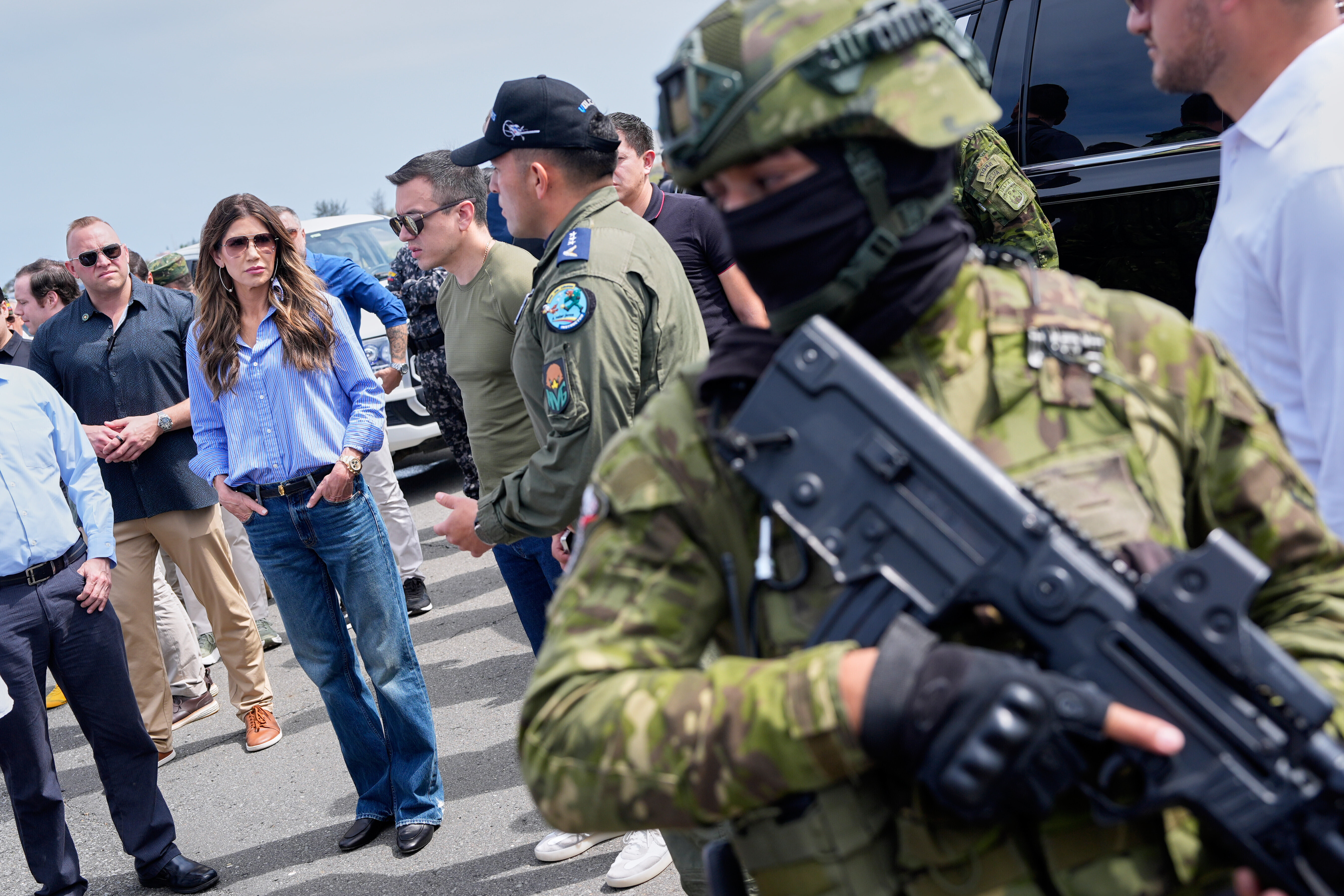 FILE - U.S. Homeland Security Secretary Kristi Noem speaks, accompanied by Ecuador's President Daniel Noboa, as she tours Ulpiano Paez Air Base, Nov. 6, 2025, in Salinas, Ecuador. (AP Photo/Alex Brandon, Pool, File)