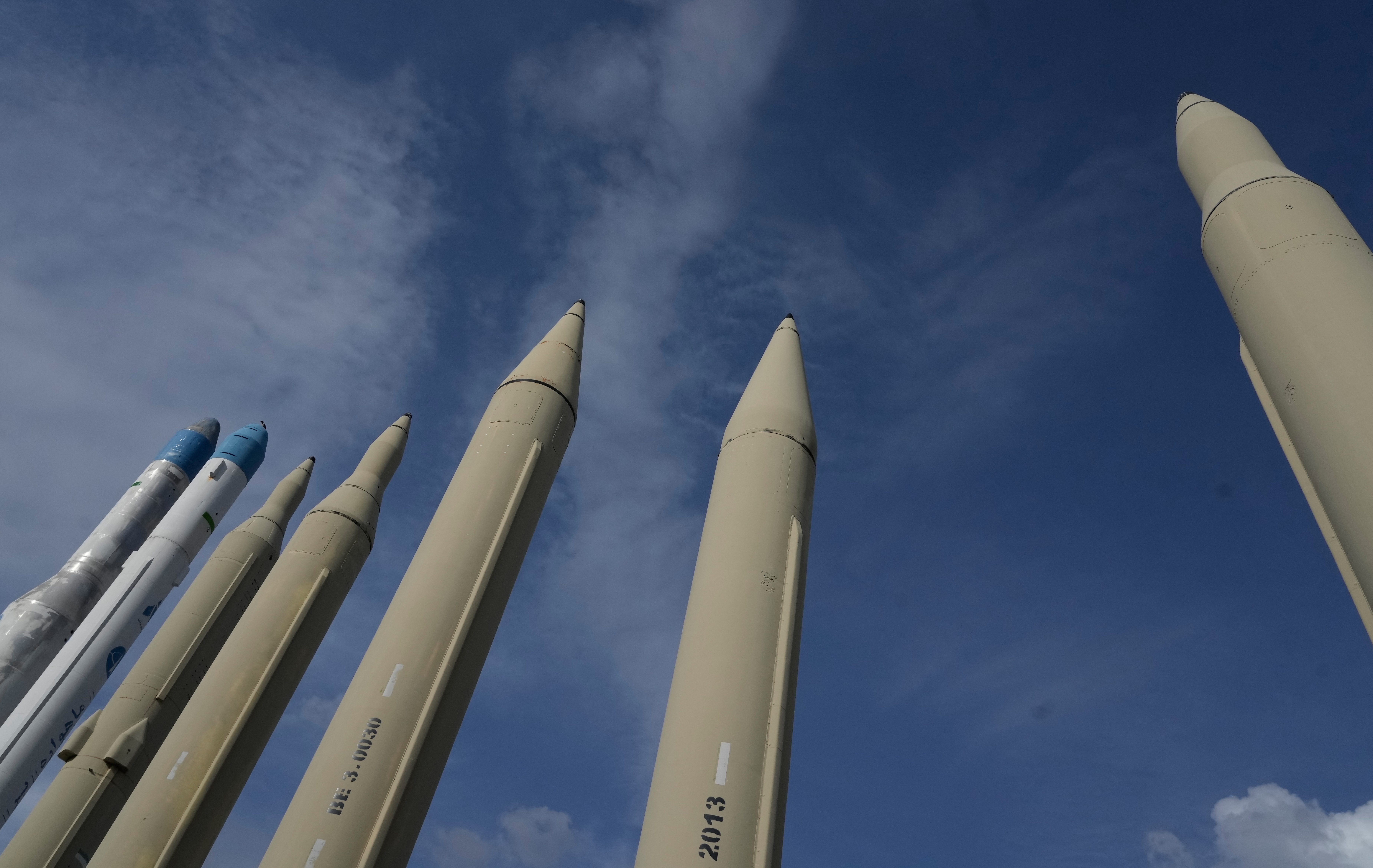 Iran's domestically built missiles and satellite carriers are displayed in a permanent exhibition at a recreational area in northern Tehran, Iran, Tuesday, March 24, 2026. (AP Photo/Vahid Salemi)