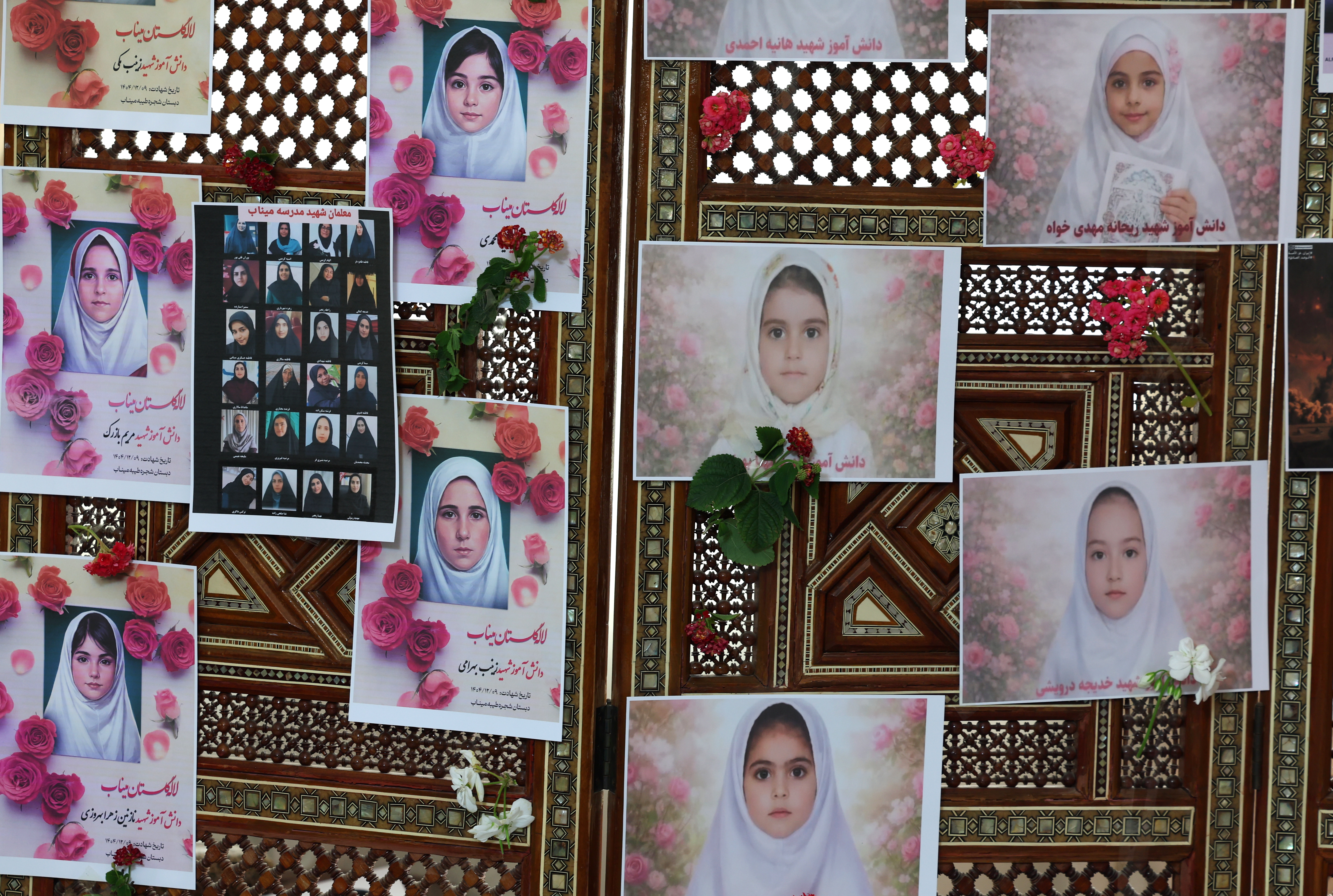 epa12814289 Photos of schoolchildren from the Shajarah Tayyebeh primary school who died in a bombing are displayed during the press conference of Iranian Ambassador to Tunisia, Massoud Hosseinian, at the Iranian Embassy in Tunis, Tunisia, 12 March 2026. Hosseinian addressed the current situation in Iran following the US-Israeli bombings and accused the US army of the February 28 bombing of the Shajarah Tayyebeh primary school in Minab, in the south of the country, which killed more than 150 people, according to Iranian authorities. EPA/MOHAMED MESSARA
