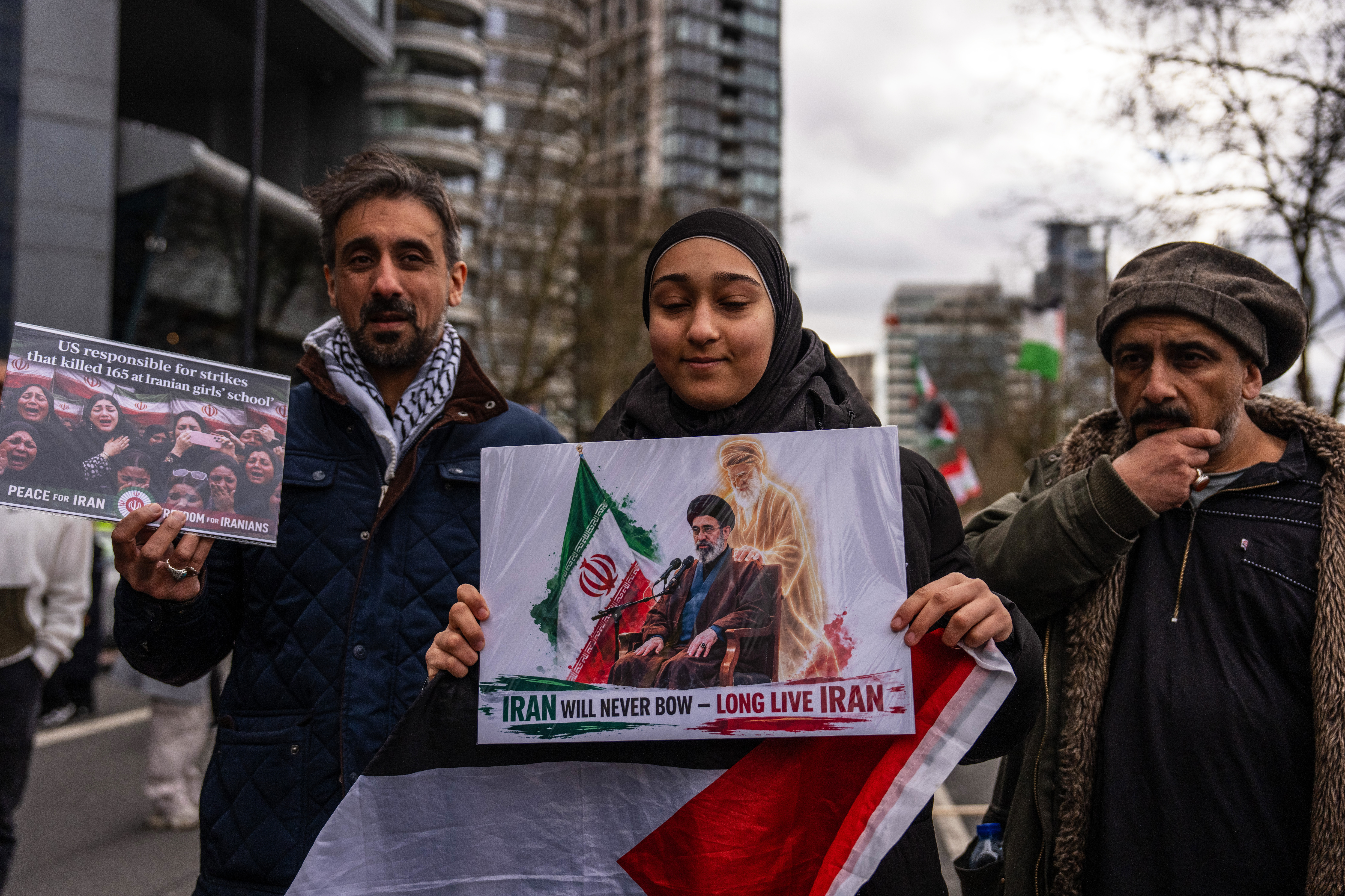 LONDON, ENGLAND - MARCH 15: People take part in an Al Quds Day rally on March 15, 2026 in London, England. Britain's Home Secretary, Shabana Mahmood, has formally banned the Al Quds Day London march organised by the Islamic Human Rights Commission after a request from the Metropolitan Police citing a high risk of "serious public disorder" due to ongoing tensions in the Middle East. While the moving march is prohibited, a static rally is proceeding because UK law does not currently grant the power to ban stationary assemblies. This marks the first time a protest march has been banned in the UK since 2012. (Photo by Carl Court/Getty Images)