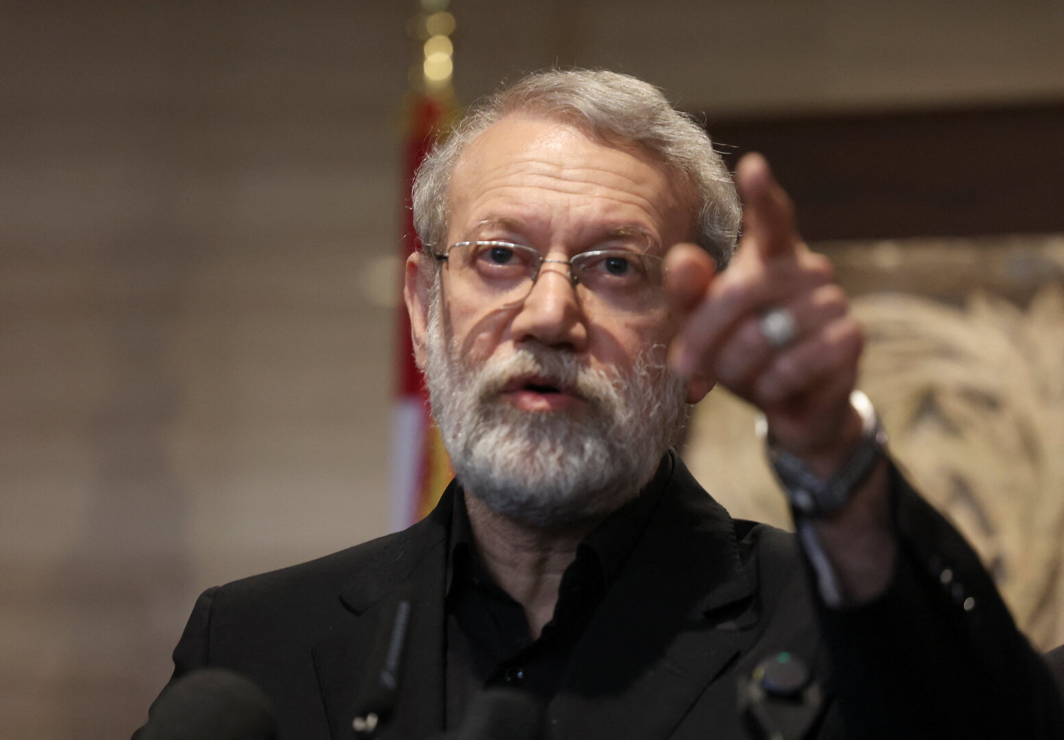 Iran's Supreme National Security Council Secretary&nbsp;Ali&nbsp;Larijani&nbsp;speaks after meeting with Lebanese Parliament Speaker Nabih Berri, in Beirut, Lebanon on Aug. 13, 2025. [Aziz Taher/Reuters]