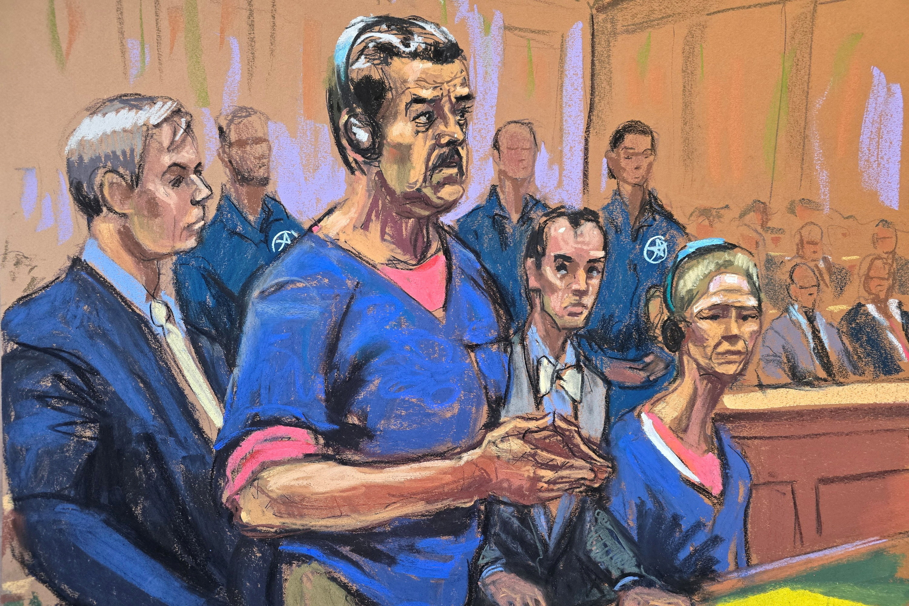 FILE PHOTO: Venezuela's captured President Nicolas Maduro and his wife Cilia Flores attend their arraignment with defense lawyers Barry Pollack and Mark Donnelly to face U.S. federal charges including narco-terrorism, conspiracy, drug trafficking, money laundering and others, at the Daniel Patrick Moynihan United States Courthouse in Manhattan, New York City, U.S., January 5, 2026 in this courtroom sketch. REUTERS/Jane Rosenberg/File Photo
