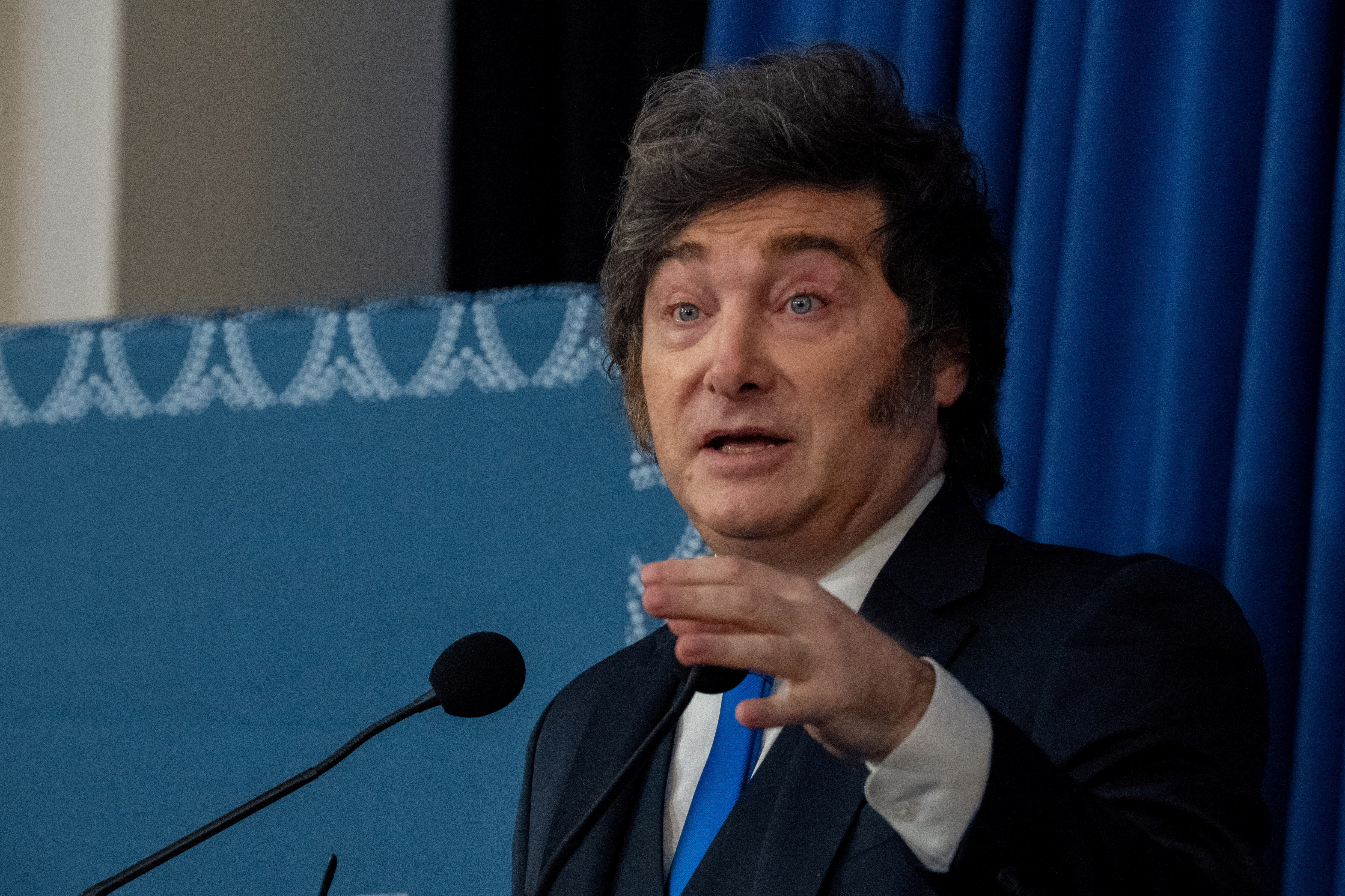 FILE PHOTO: Argentina's President Javier Milei speaks at Yeshiva University in Manhattan, in New York City, U.S., March 9, 2026. REUTERS/David 'Dee' Delgado/File Photo