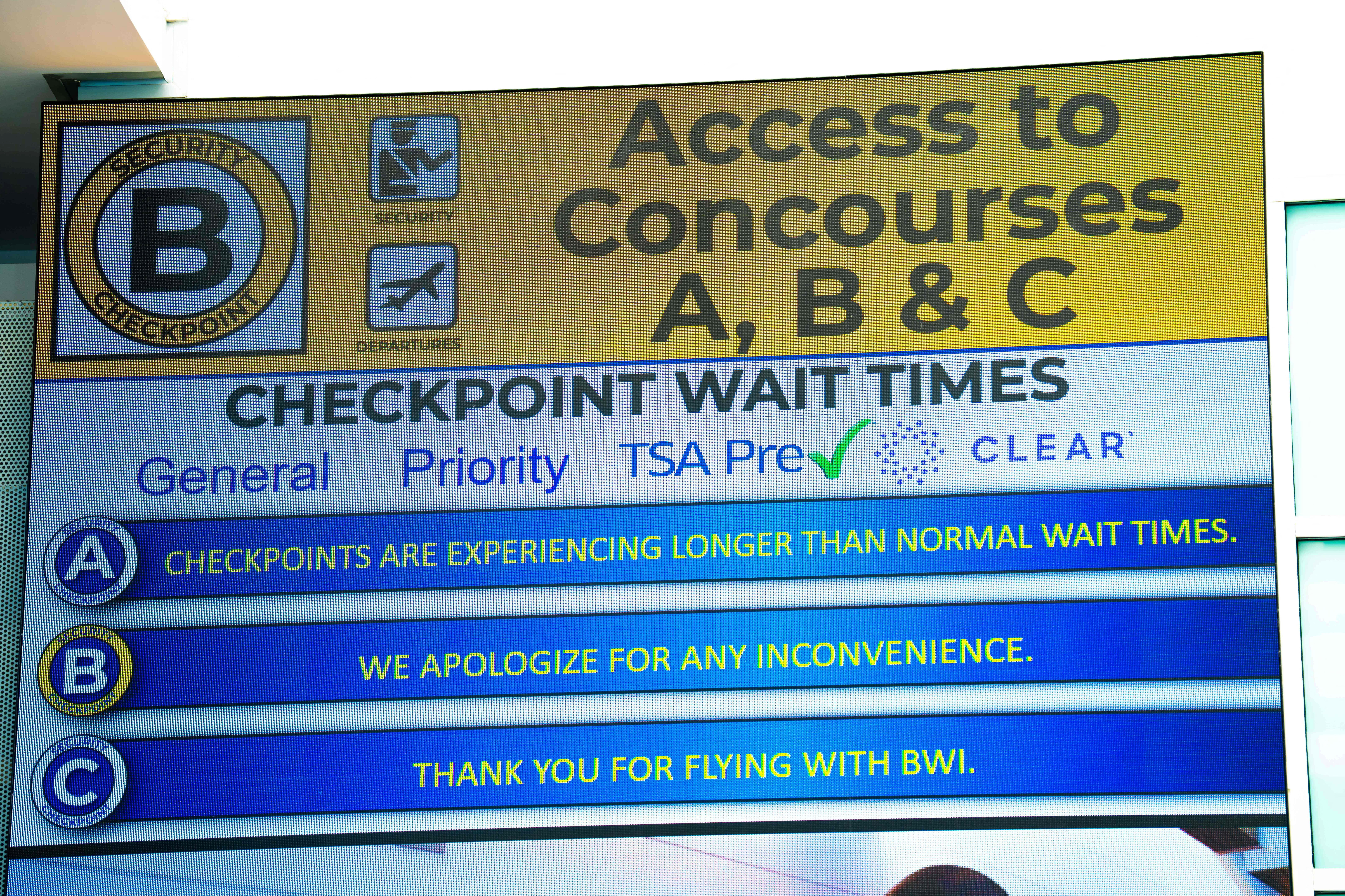 A display shows TSA security checkpoint wait times at Baltimore/Washington International Thurgood Marshall Airport (BWI) in Baltimore, Maryland, U.S., March 29, 2026. REUTERS/Aaron Schwartz