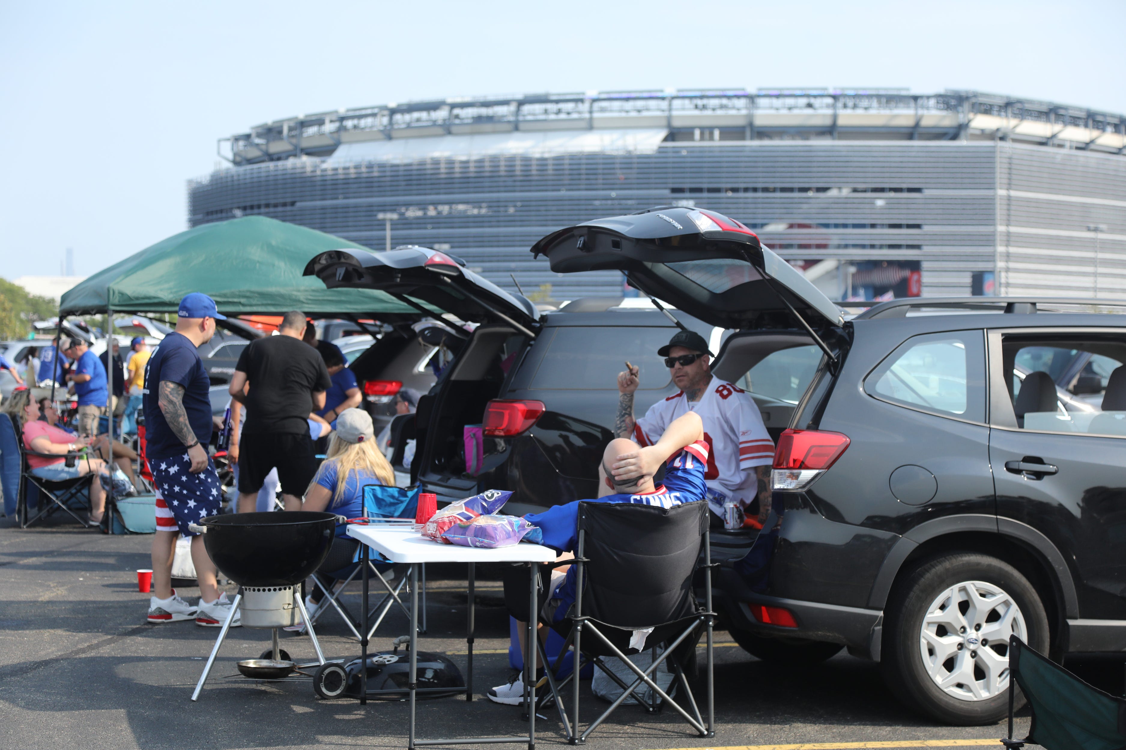 Sep 12, 2021; East Rutherford, NJ, USA; Tailgating before the game as the Denver Broncos came to MetLife Stadium in East Rutherford, NJ to play the New York Giants in the first game of the 2021 season on September 12, 2021. Mandatory Credit: Mandatory Credit: Chris Pedota-USA TODAY Sports