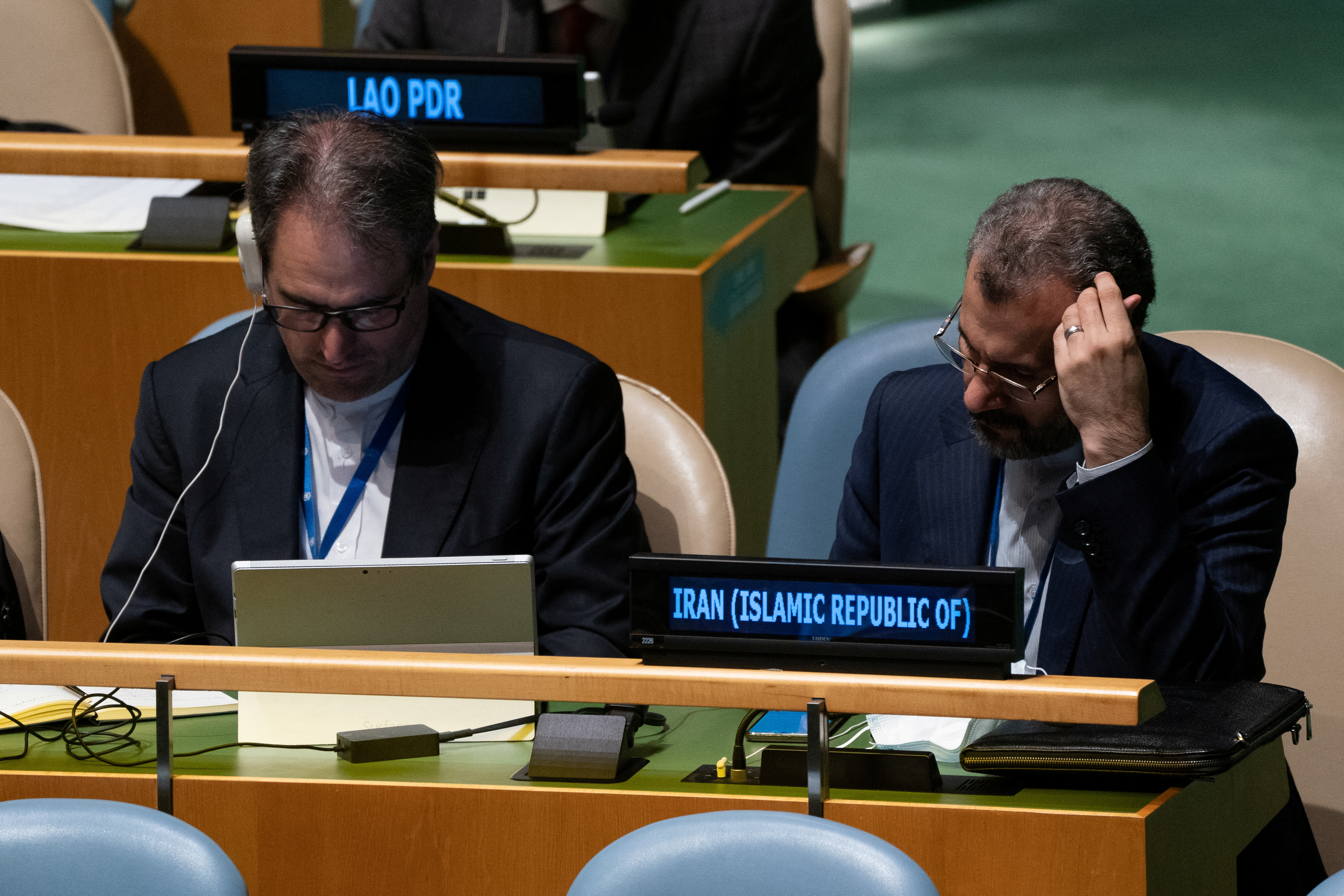 Delegates from Iran attend the Nuclear Non-Proliferation Treaty review conference in New York City, New York, U.S., August 1, 2022. REUTERS/David 'Dee' Delgado