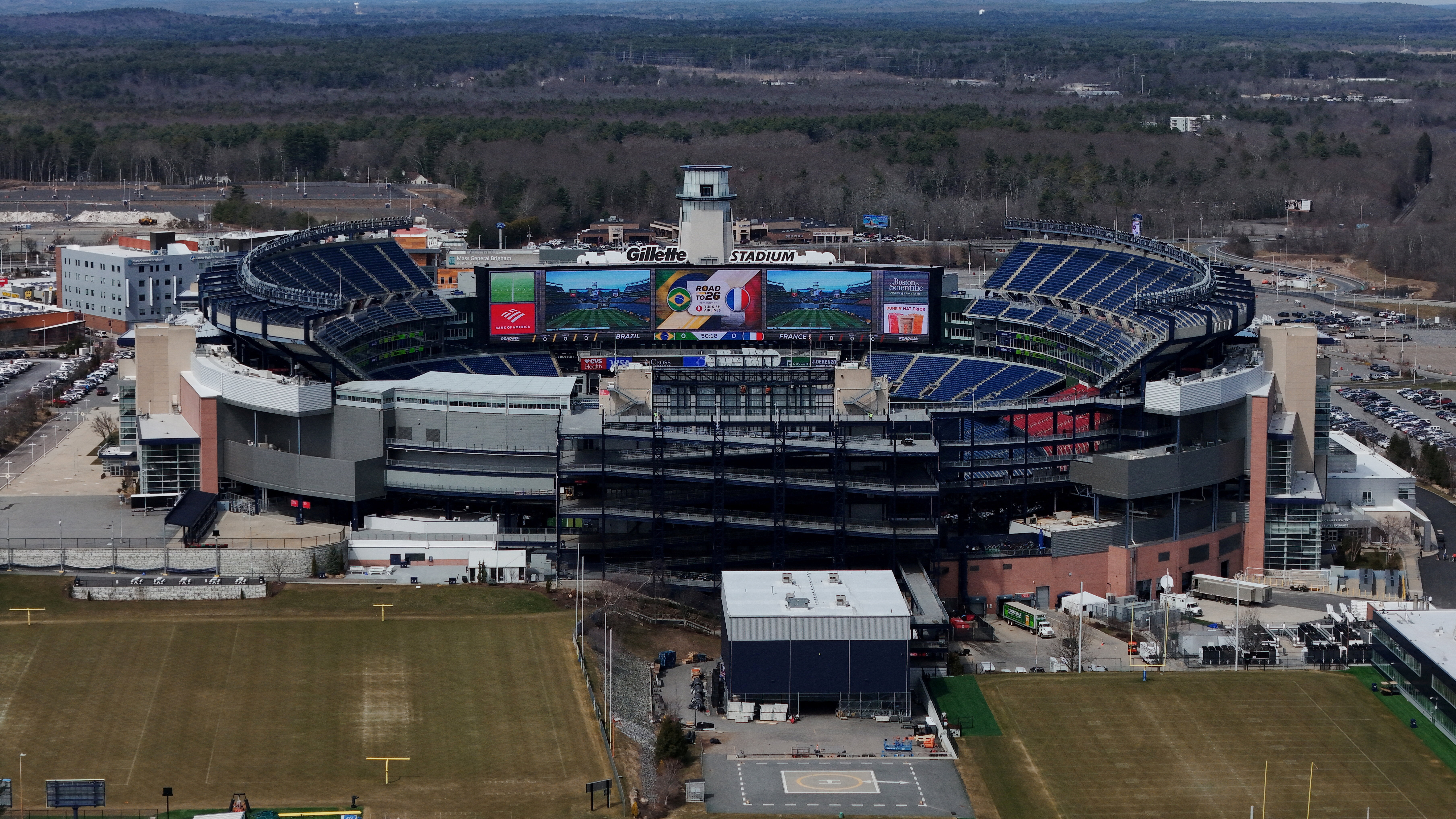 A drone view shows Gillette Stadium.