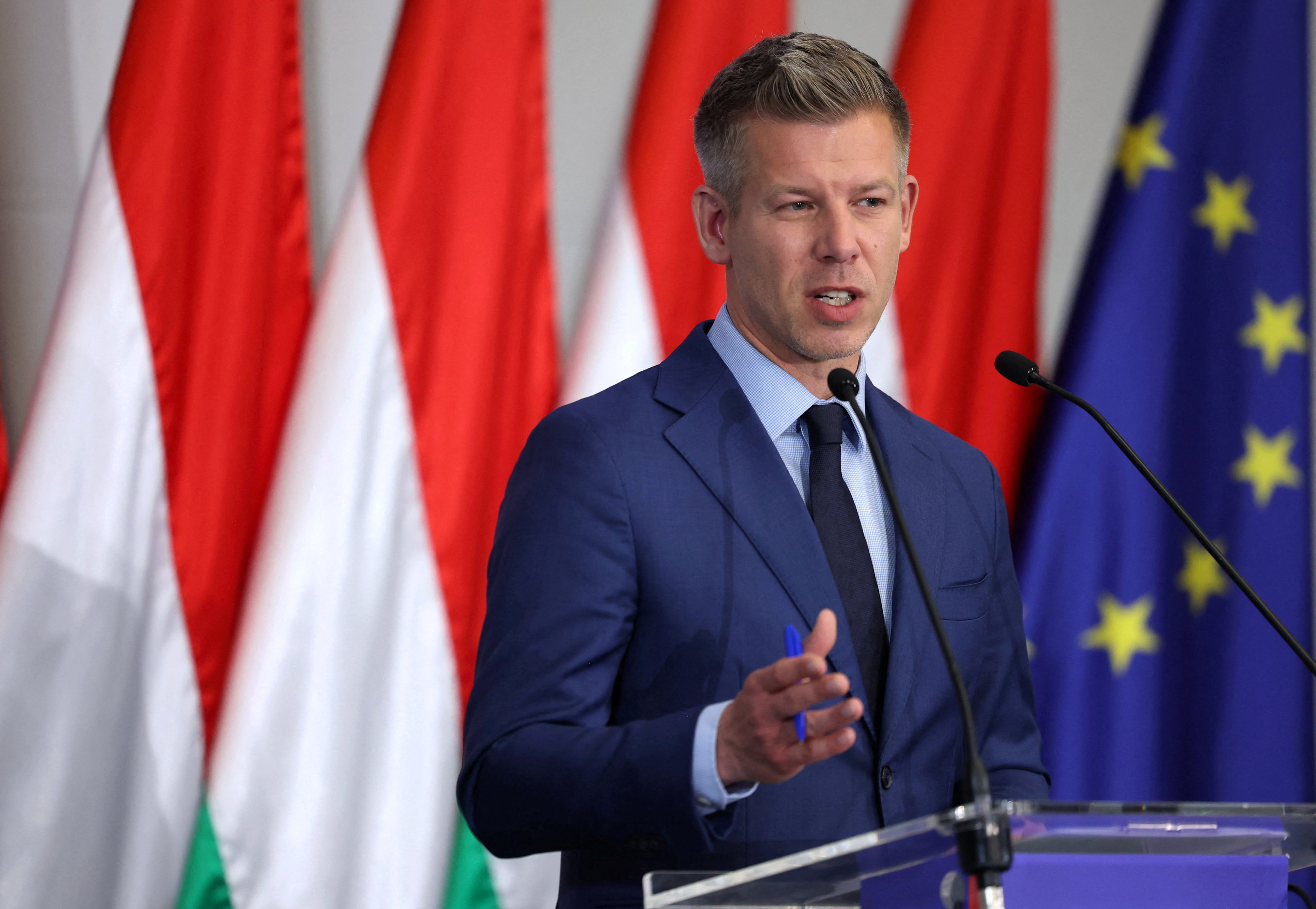 Election winner Peter Magyar speaks during a press conference in Budapest, Hungary.