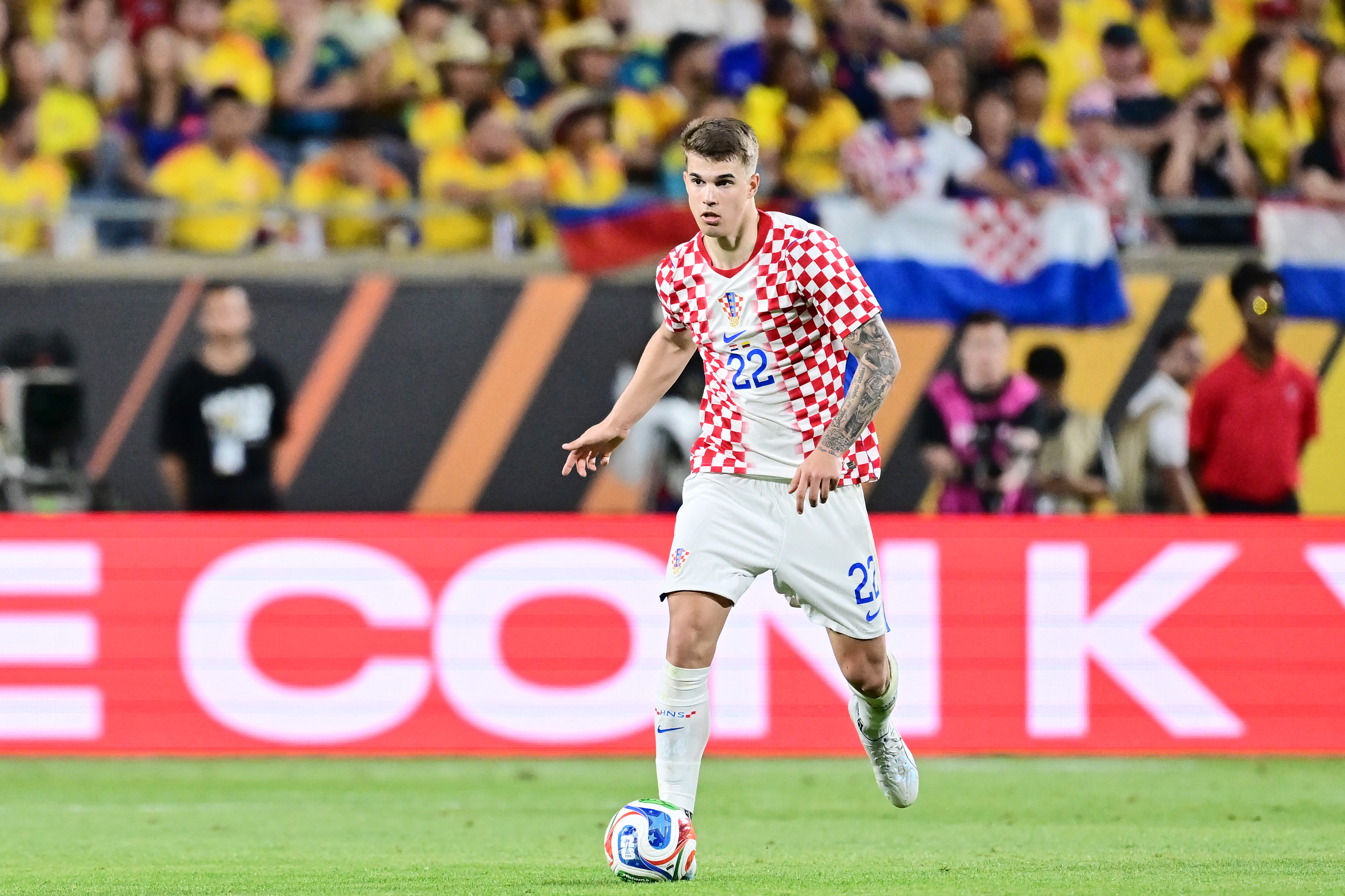 ORLANDO, FLORIDA - MARCH 26: Luka Vuskovic of Croatia controls the ball during the international friendly match between Colombia and Croatia an international at Camping World Stadium on March 26, 2026 in Orlando, Florida. Julio Aguilar/Getty Images/AFP (Photo by Julio Aguilar / GETTY IMAGES NORTH AMERICA / Getty Images via AFP)