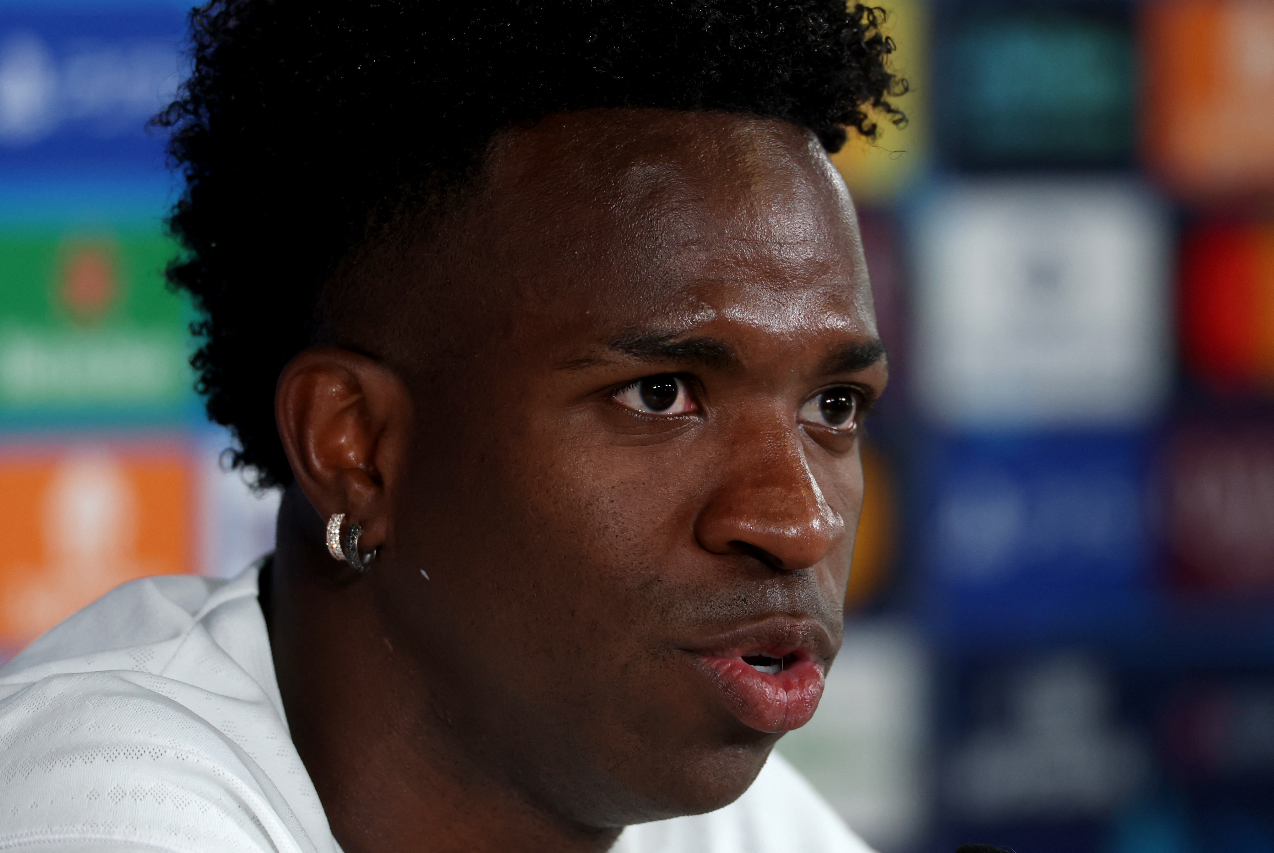 Real Madrid's Brazilian forward #07 Vinicius Junior gives a news conference.