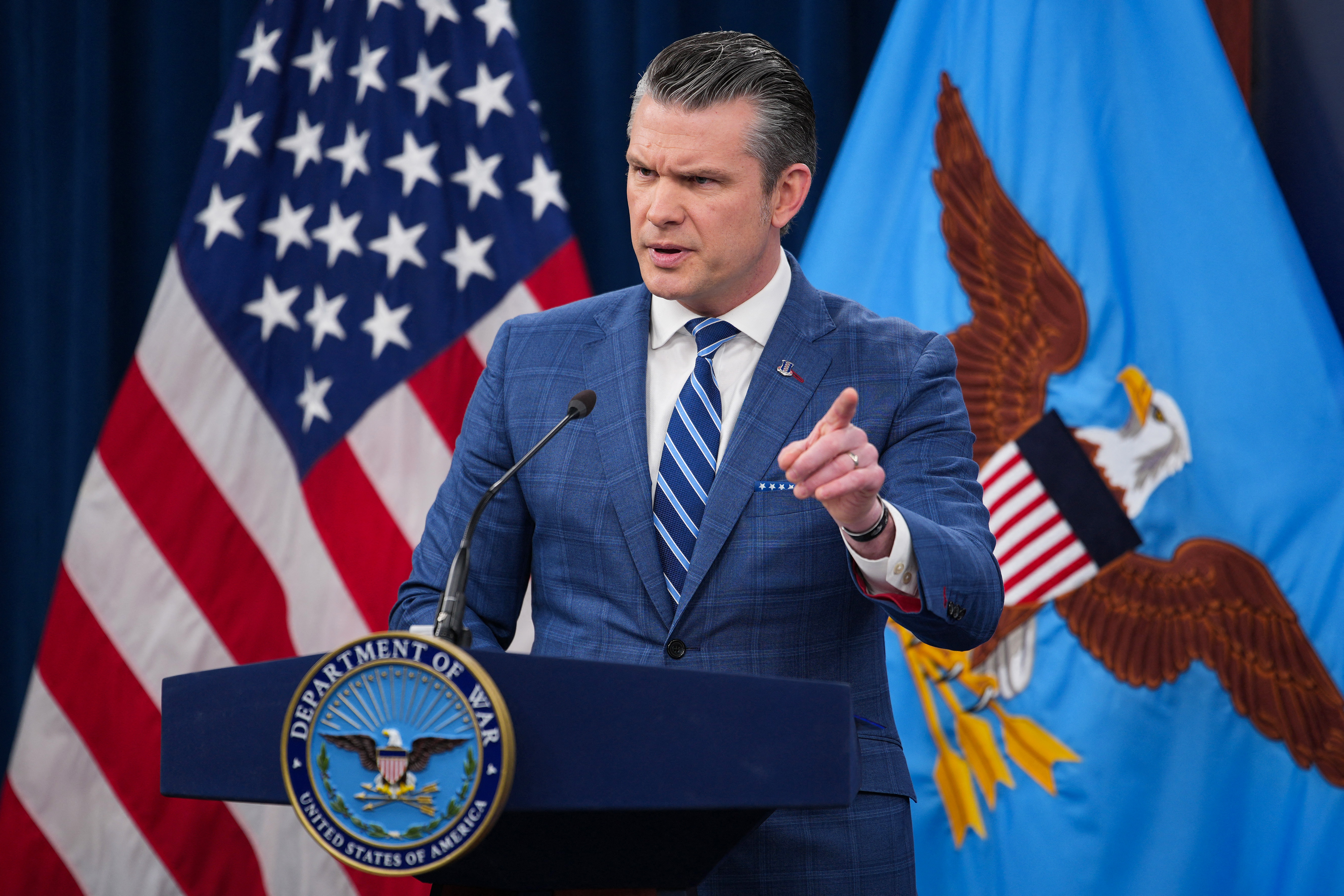 US Secretary of Defense Pete Hegseth speaks during a news briefing.