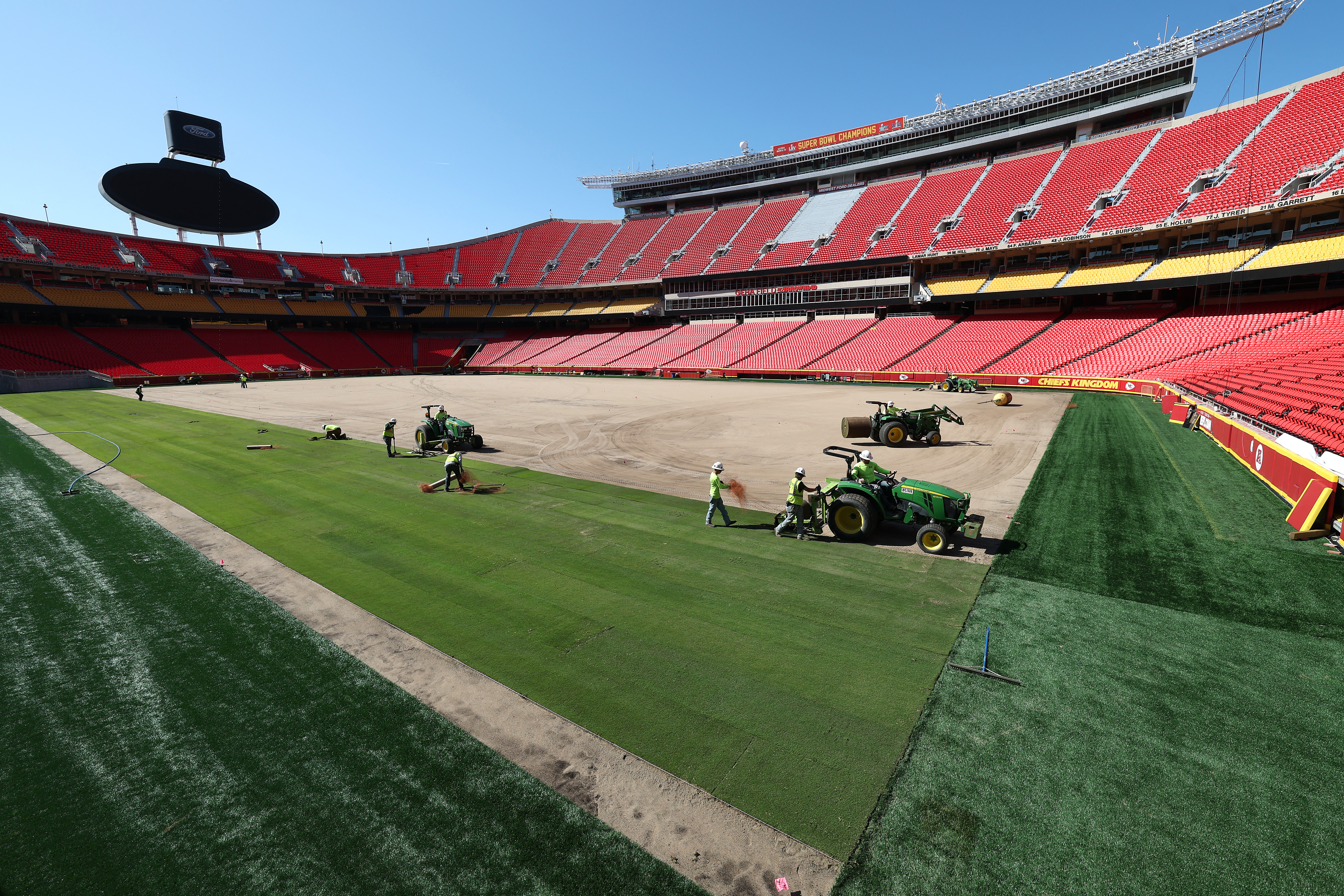 Workers install sod ahead of the 2026 World Cup at Kansas City Stadium on April 21, 2026 in Kansas City, Missouri