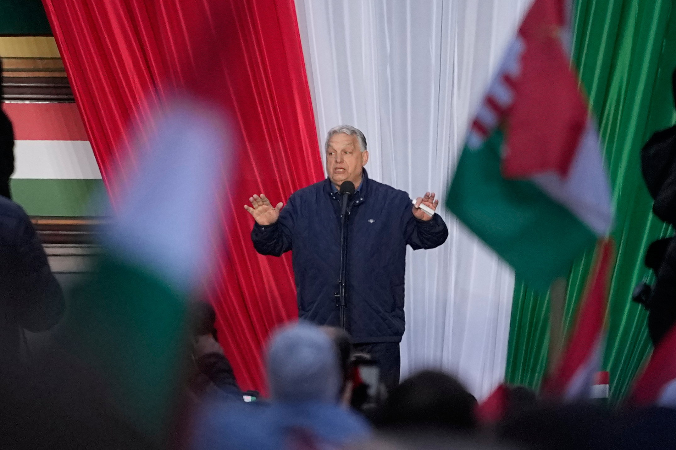 Hungarian Prime Minister Viktor Orban addresses his supporters during an election rally in Szekesfehervar, Hungary, on Friday, April 10, 2026 [AP Photo/Petr David]