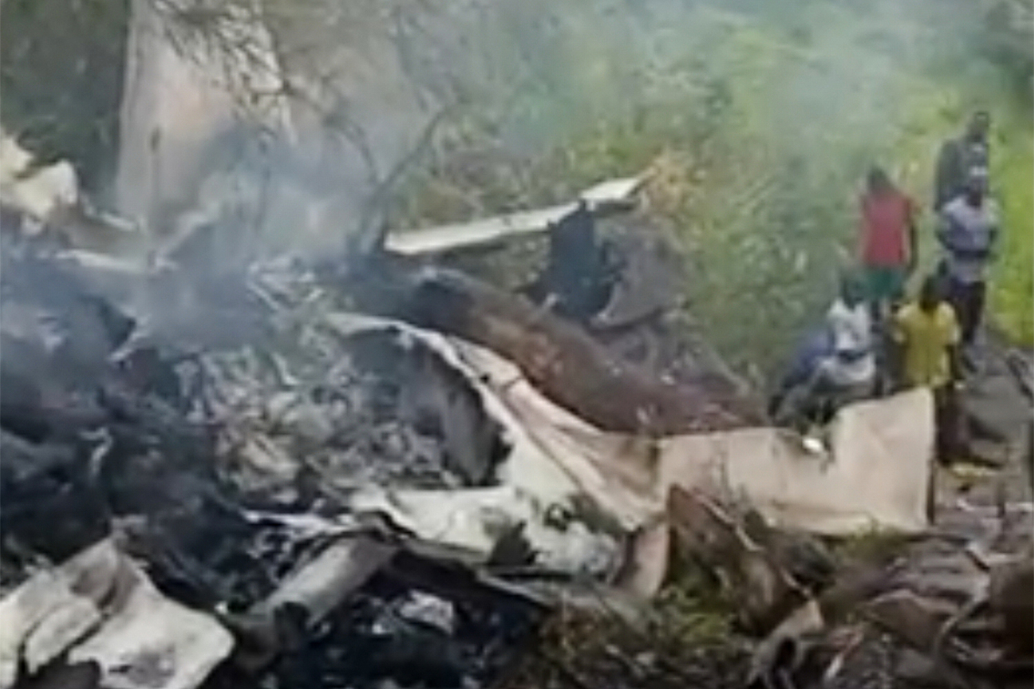 This image made from video shows the wreckage of a Cessna aircraft after it crashed southwest of Juba, South Sudan, Monday, April 27, 2026. (AP Photo)