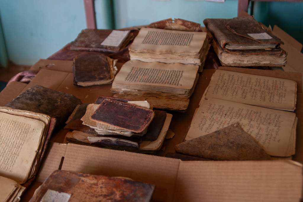 Some of the old texts stored in the el-Habot family library. The family has a total of about 1,400 books in its care