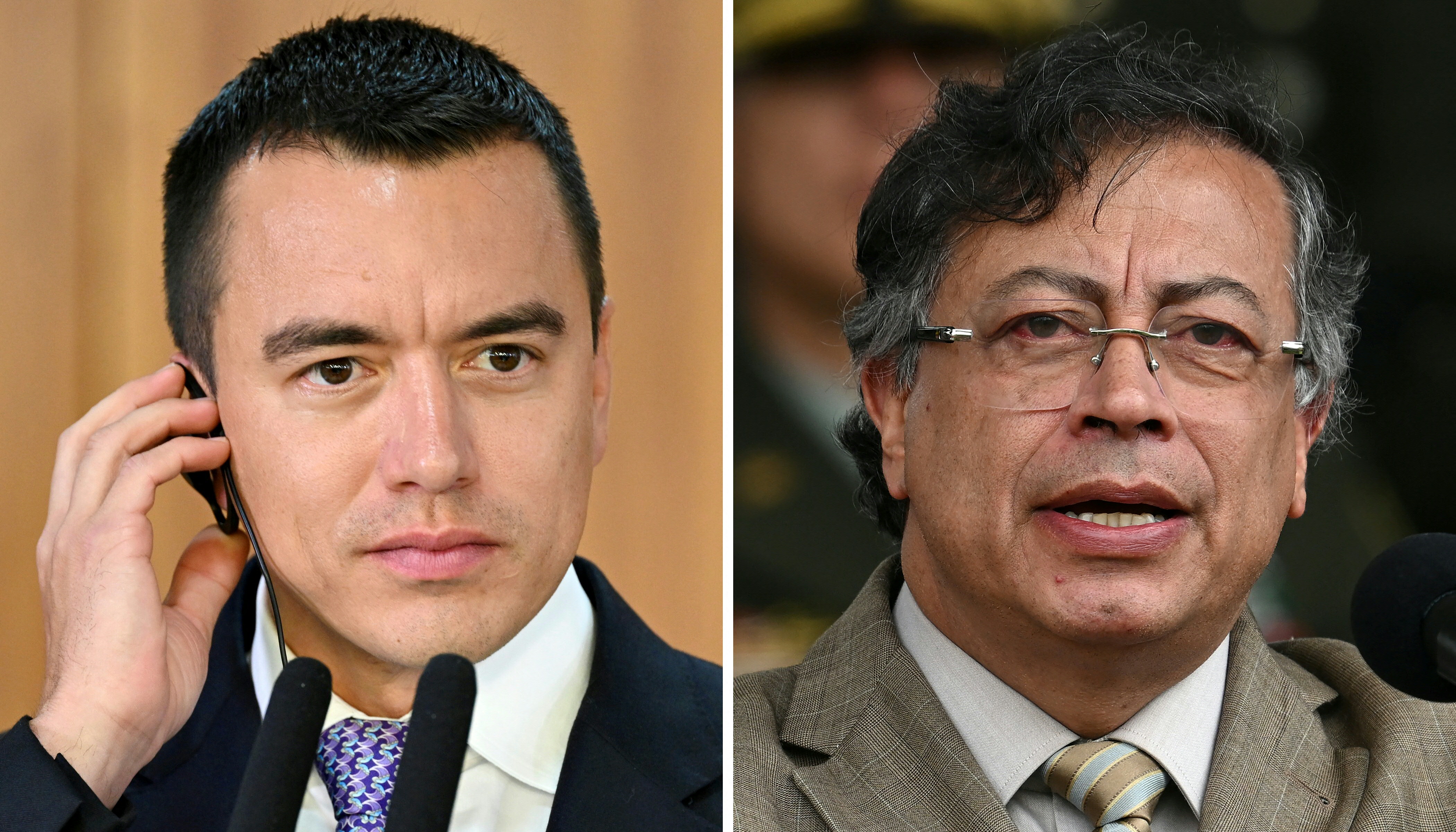 (FILES) (COMBO) This combination of files pictures created on January 22, 2026 shows Ecuador's President Daniel Noboa (L) listening to a journalist question during a press statement with Brazil's President Luiz Inacio Lula da Silva (out of frame) at Planalto Palace in Brasilia, on August 18, 2025, and Colombia's President Gustavo Petro delivering a speech during the commemoration of the 134th anniversary of the National Police and the promotion of officers at the General Santander Police Academy in Bogota on November 13, 2025.