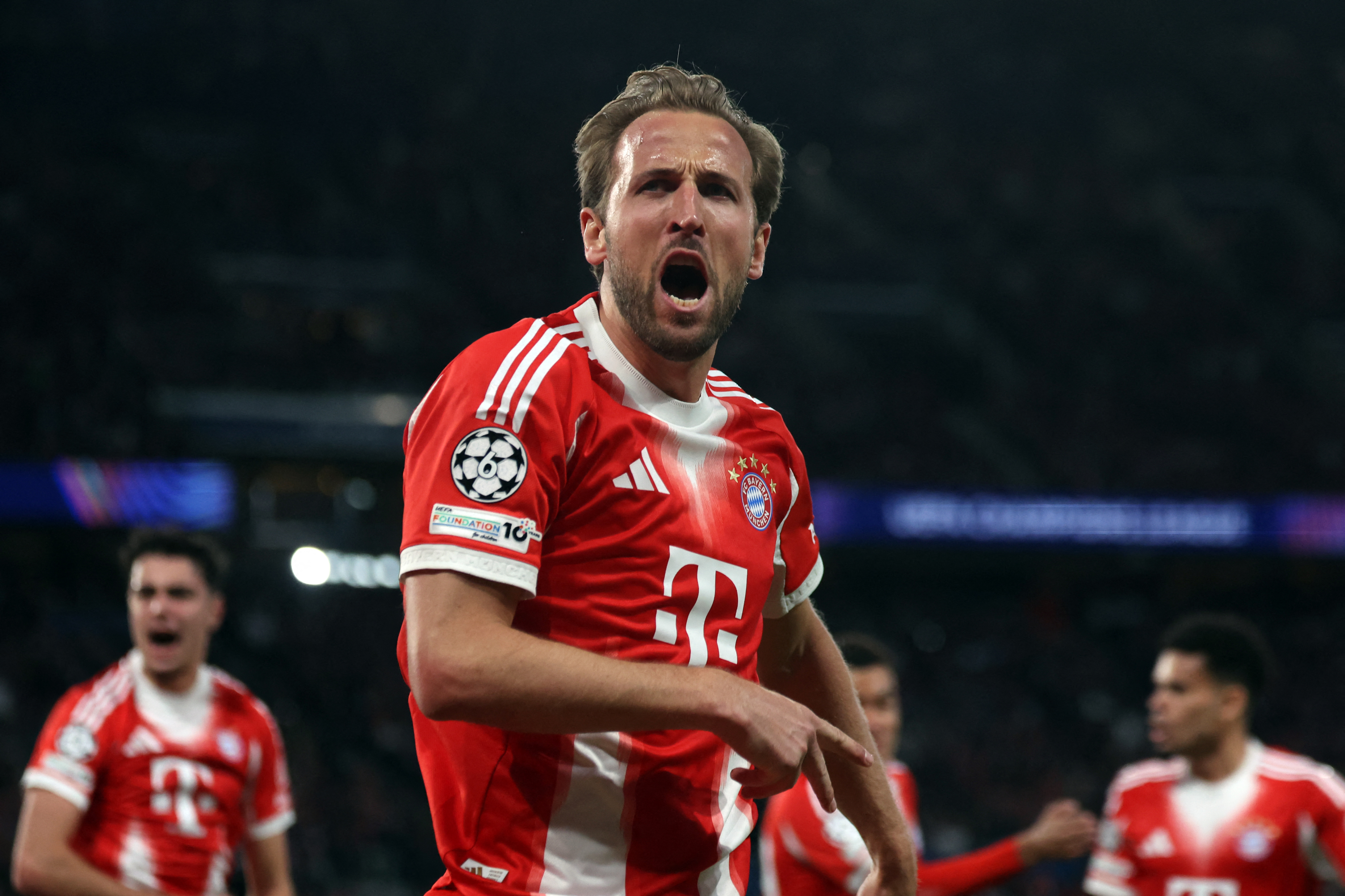 Bayern Munich's English forward #09 Harry Kane celebrates after scoring his team first goal during the UEFA Champions League semi-final first leg football match between Paris Saint-Germain (PSG) and Bayern Munich at the Parc des Princes in Paris on April 28, 2026. (Photo by ALAIN JOCARD / AFP)
