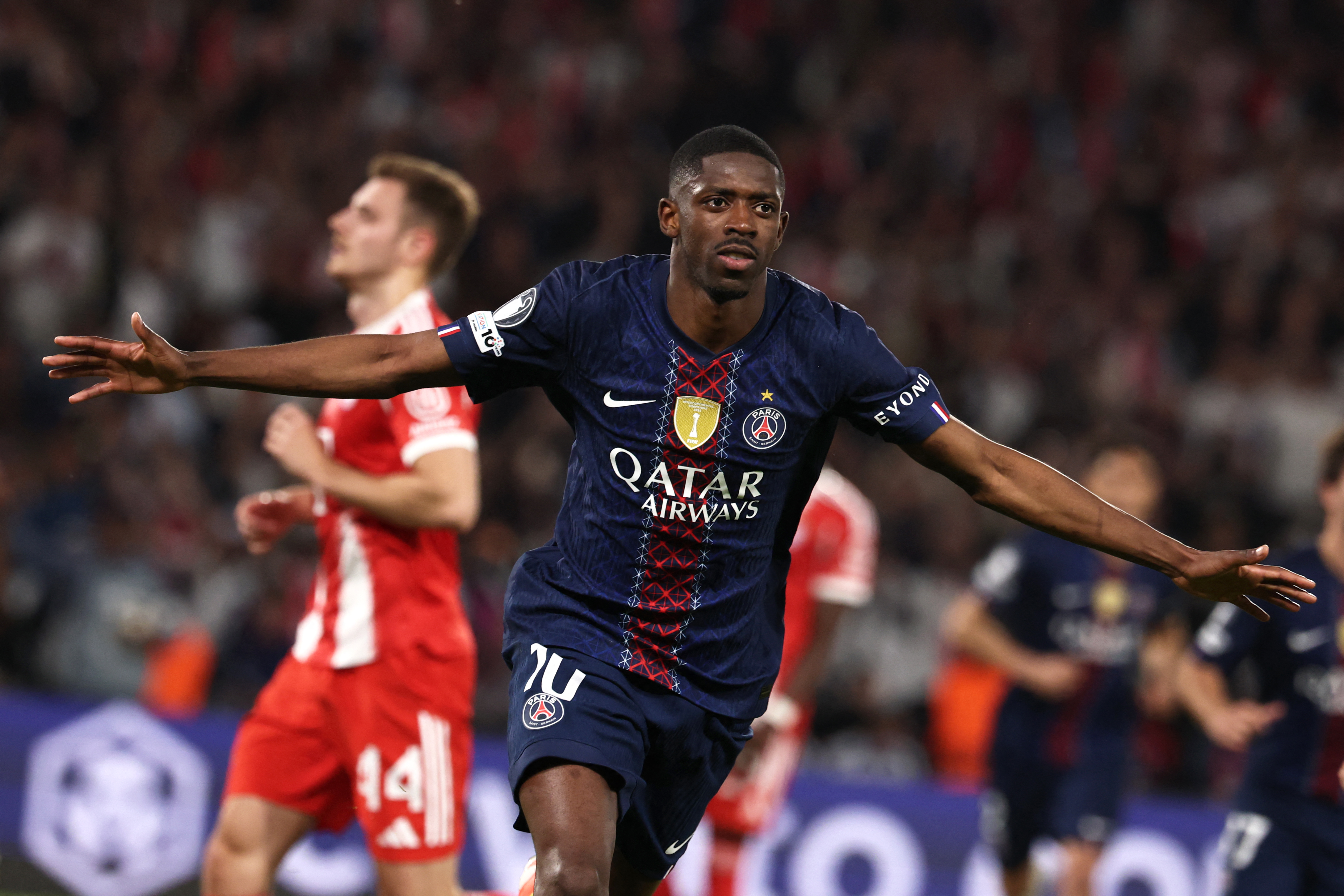 Paris Saint-Germain's French forward #10 Ousmane Dembele celebrates after scoring his team third goal during the UEFA Champions League semi-final first leg football match between Paris Saint-Germain (PSG) and Bayern Munich at the Parc des Princes in Paris on April 28, 2026. (Photo by FRANCK FIFE / AFP)