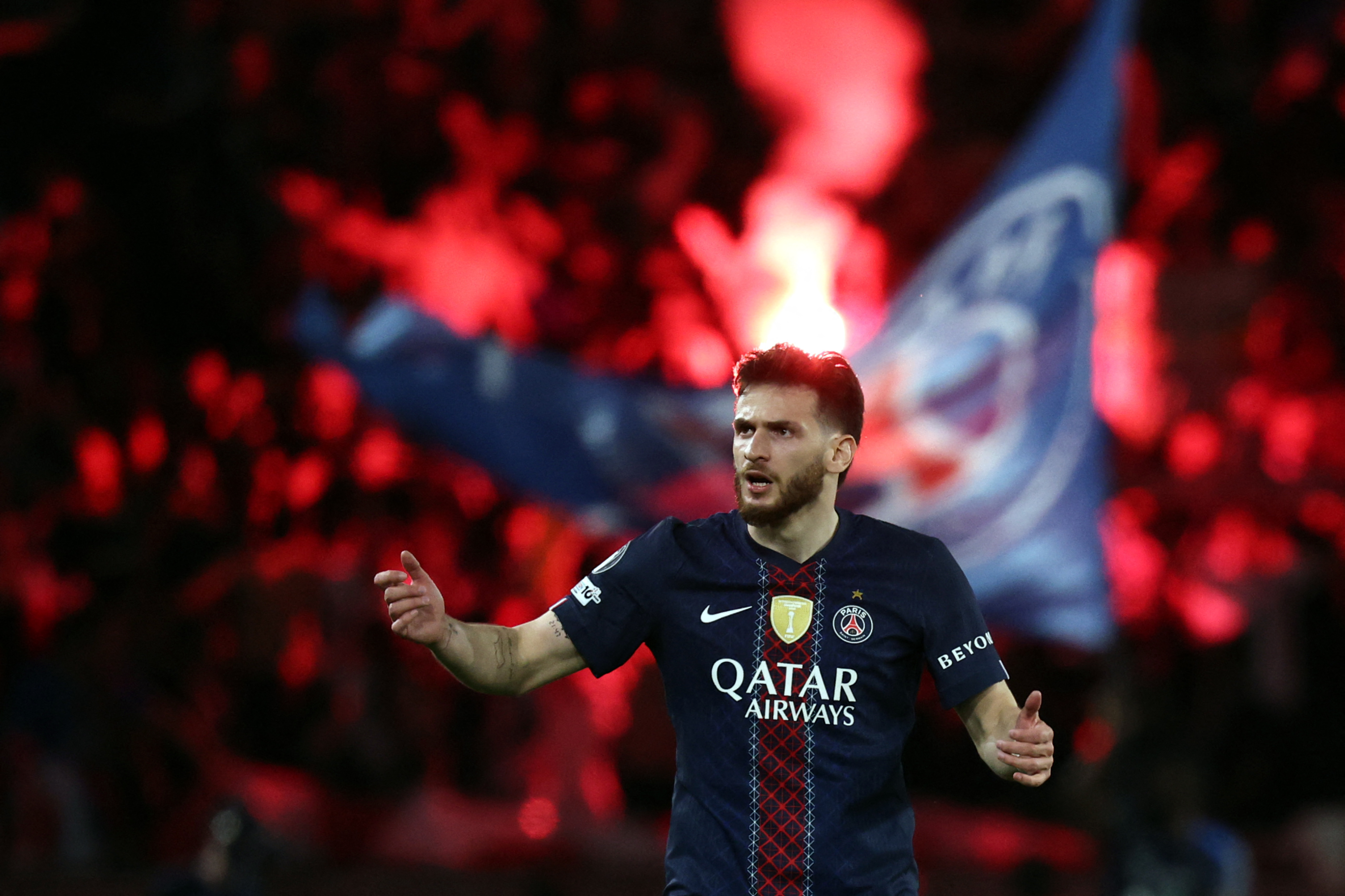 Paris Saint-Germain's Georgian forward #07 Khvicha Kvaratskhelia celebrates after scoring his team first goal during the UEFA Champions League semi-final first leg football match between Paris Saint-Germain (PSG) and Bayern Munich at the Parc des Princes in Paris on April 28, 2026. (Photo by Anne-Christine POUJOULAT / AFP)