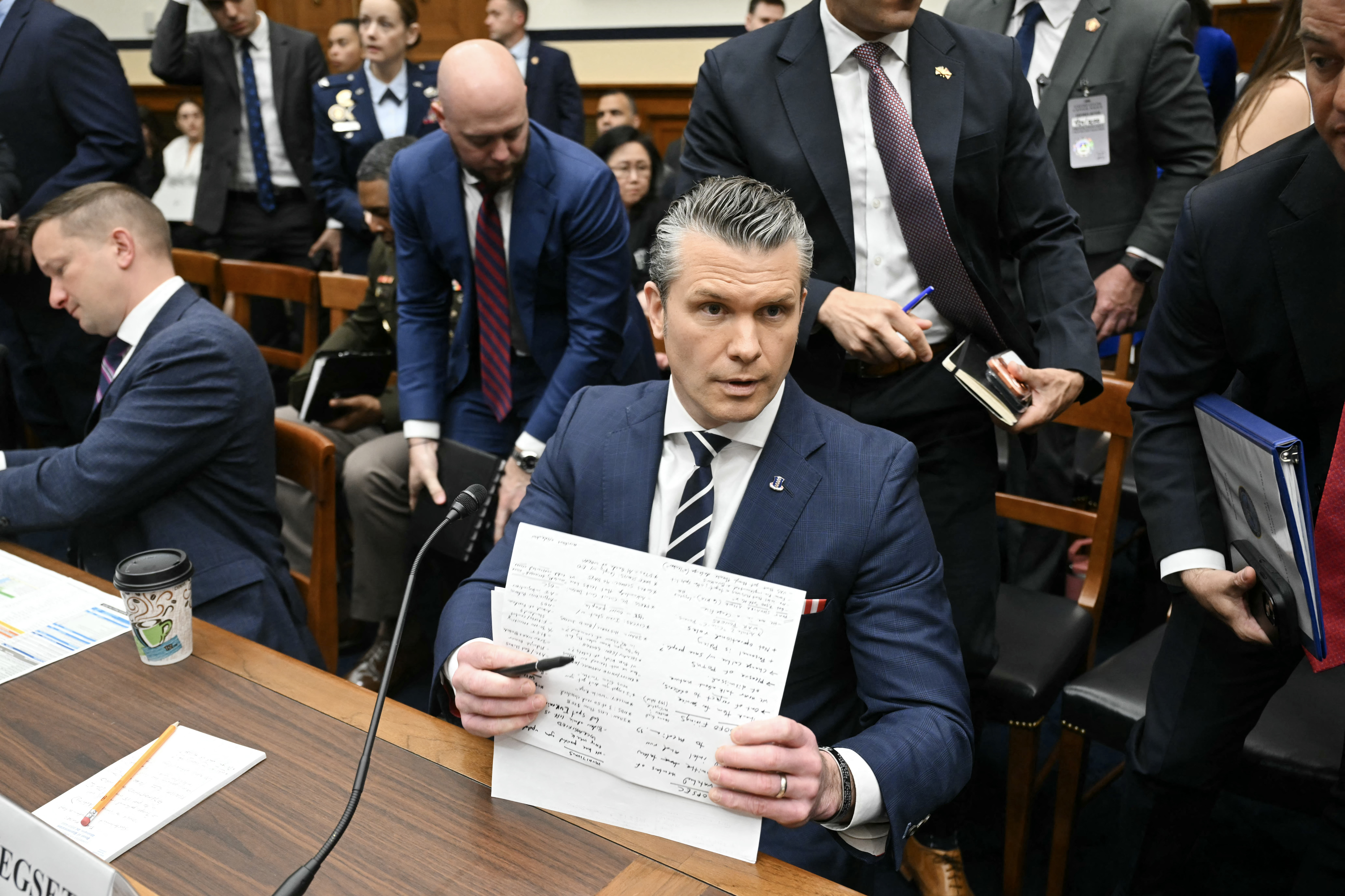 US Secretary of Defense Pete Hegseth, prepares for a recess during a US House Armed Services Committee hearing titled "Department of Defense FY2027 Budget Request," on Capitol Hill on April 29, 2026.